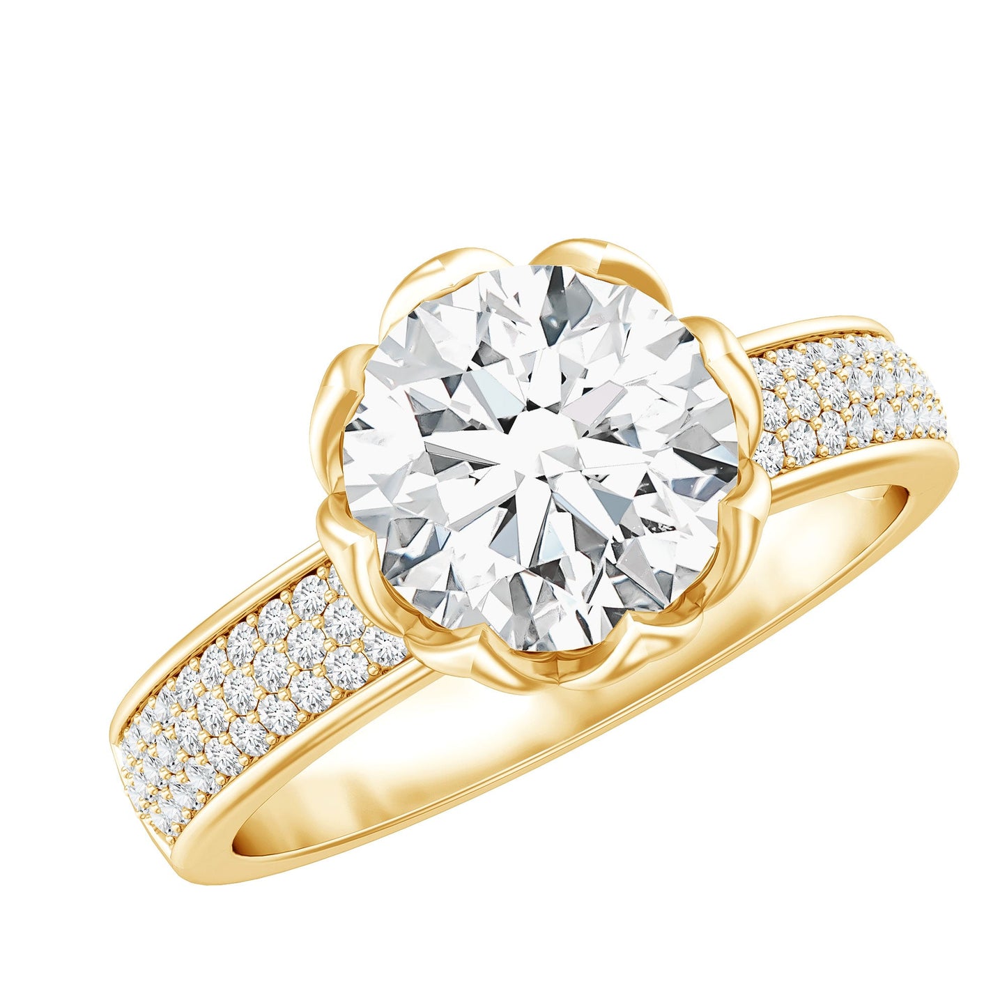 Lotus Basket Set Moissanite Engagement Ring with Side Stones