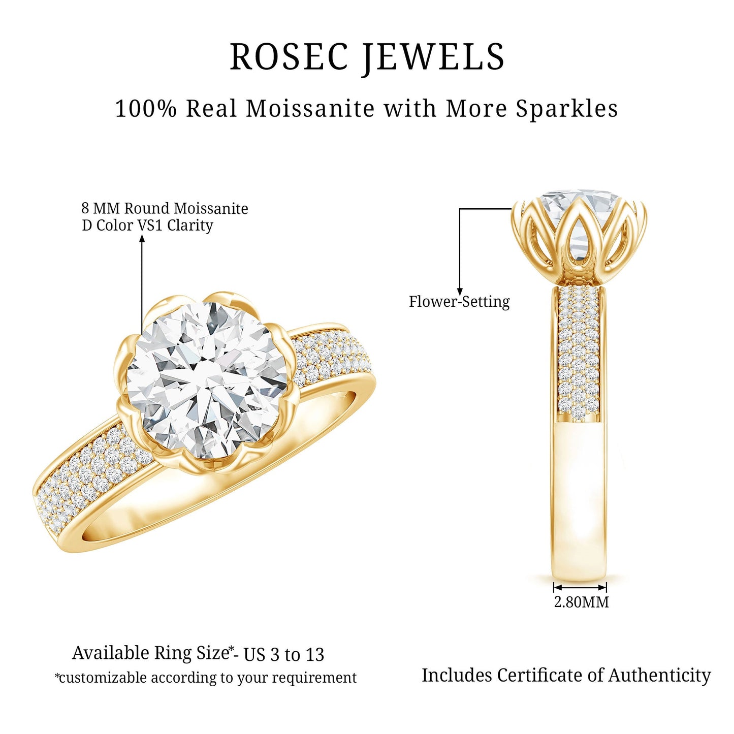 Lotus Basket Set Moissanite Engagement Ring with Side Stones