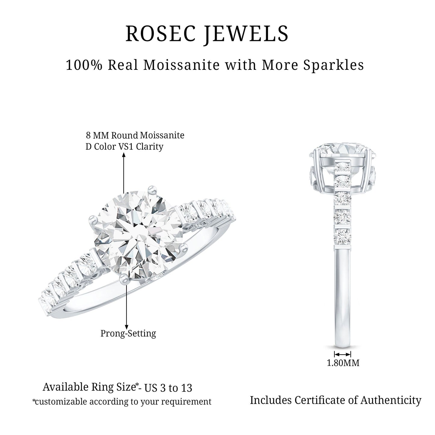 Solitaire Moissanite Engagement Ring with Side Stones