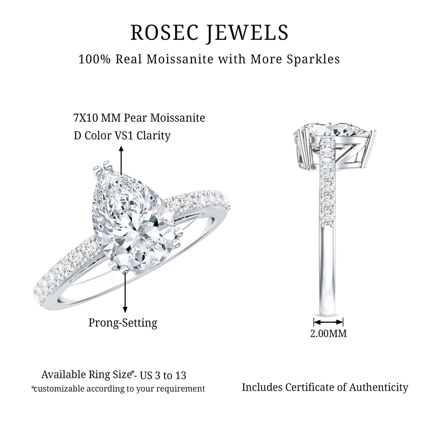 Certified 2 Carat Moissanite Pear Shaped Engagement Ring with Side Stones