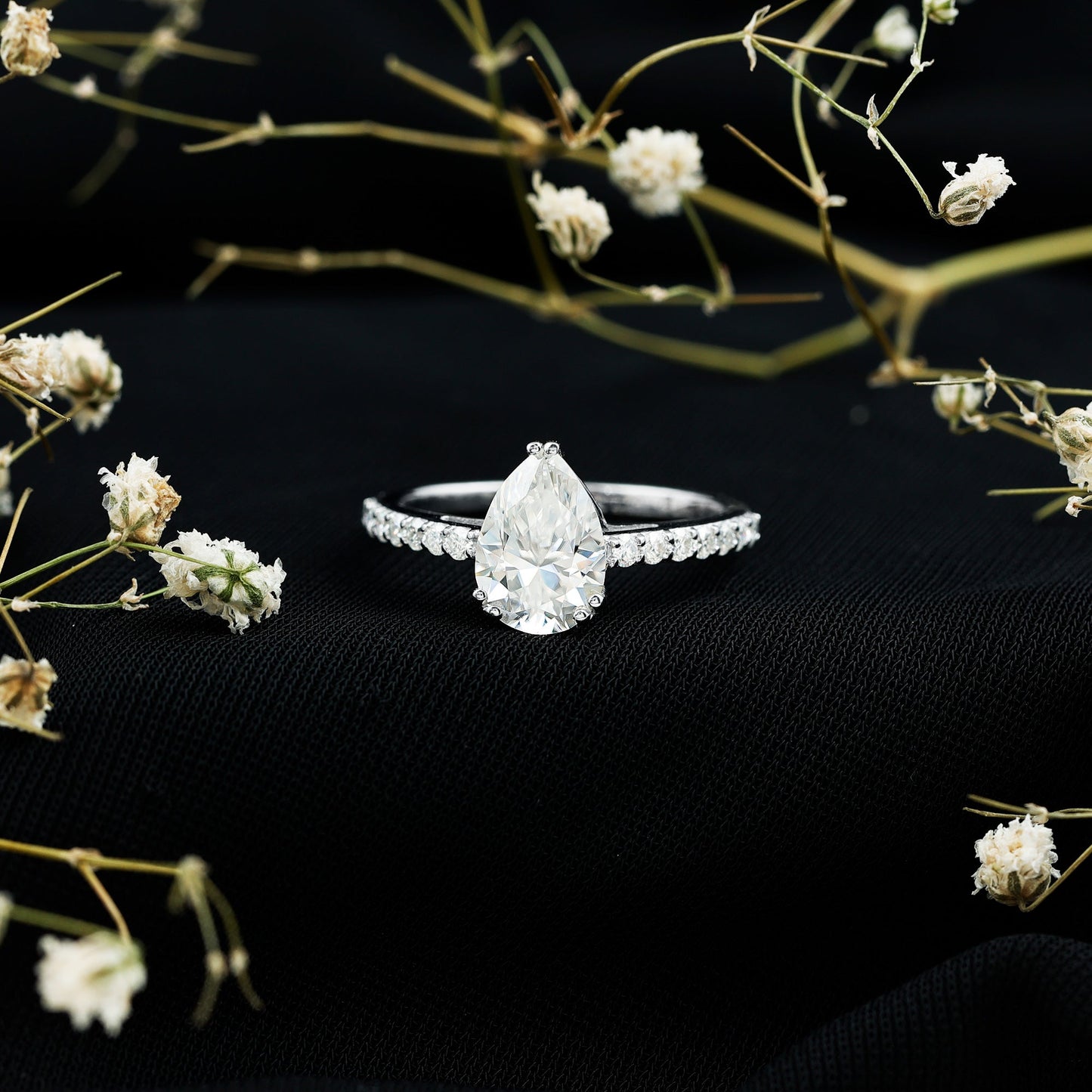 Certified 2 Carat Moissanite Pear Shaped Engagement Ring with Side Stones