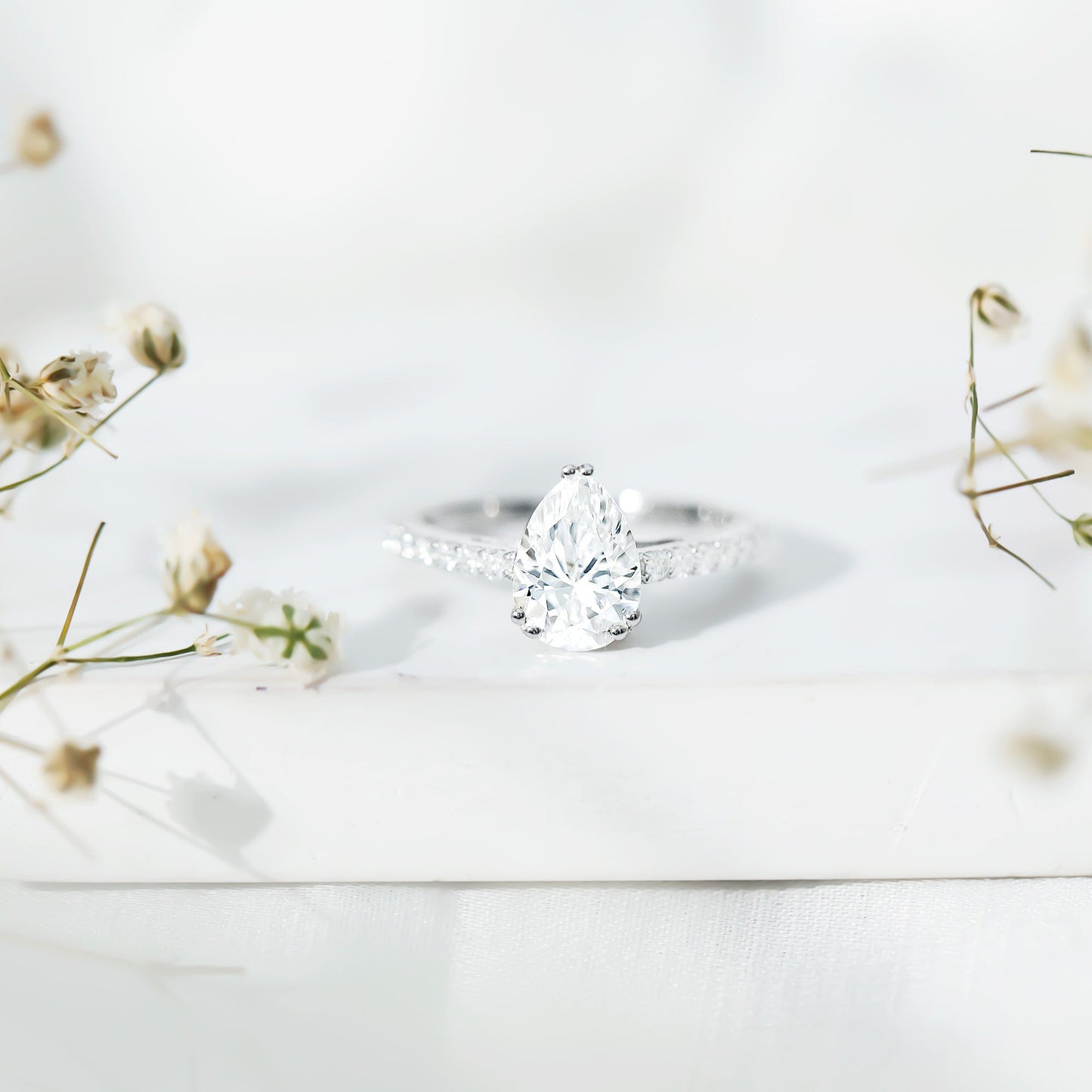 Certified 2 Carat Moissanite Pear Shaped Engagement Ring with Side Stones