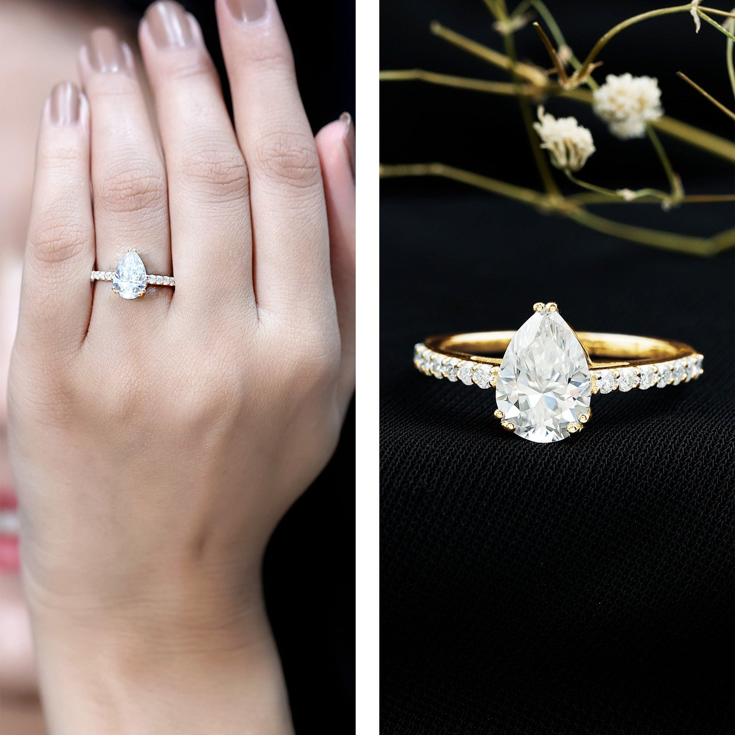 Certified 2 Carat Moissanite Pear Shaped Engagement Ring with Side Stones
