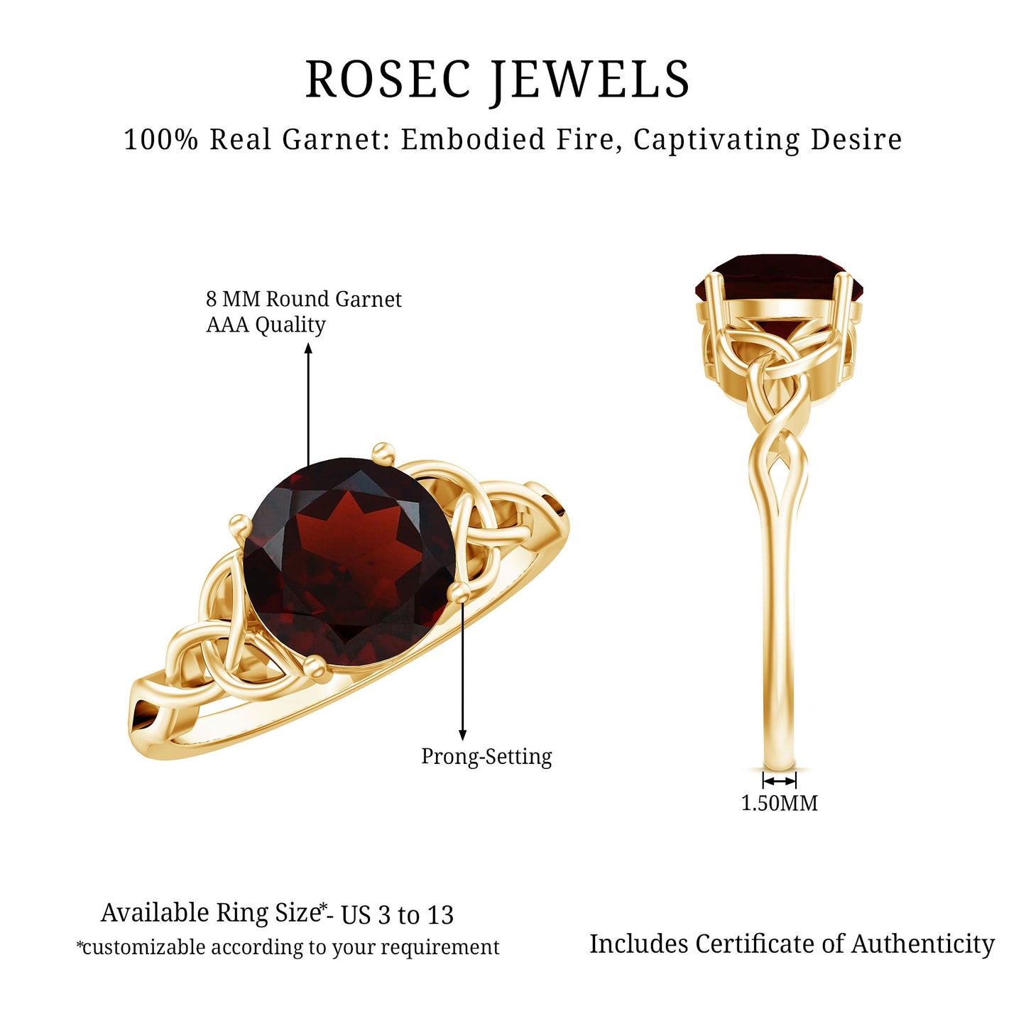 2.3 Carat Real Garnet Solitaire Engagement Ring with Celtic Knot