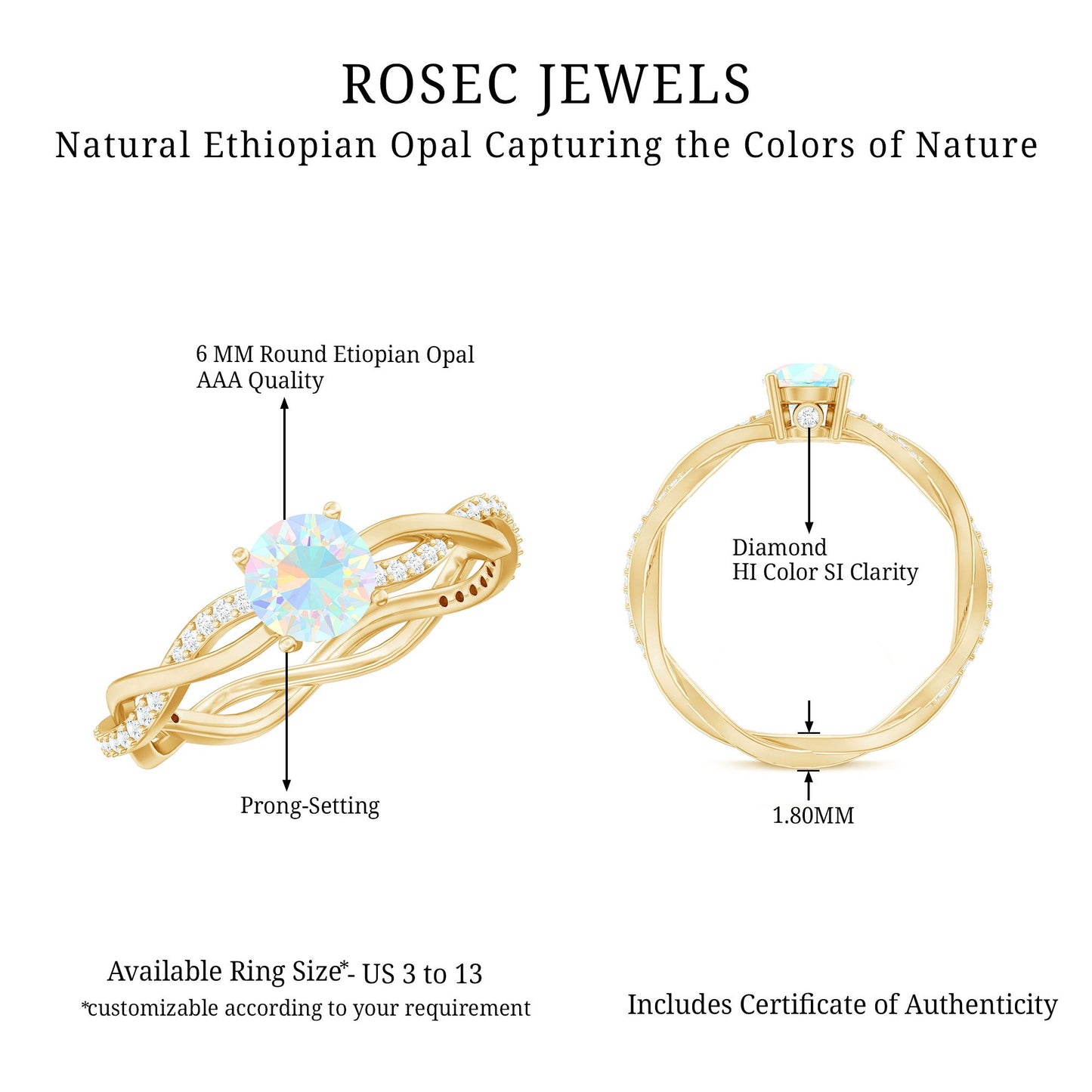 Certified Real Ethiopian Opal Diamond Pre Engagement Ring with Braided Shank