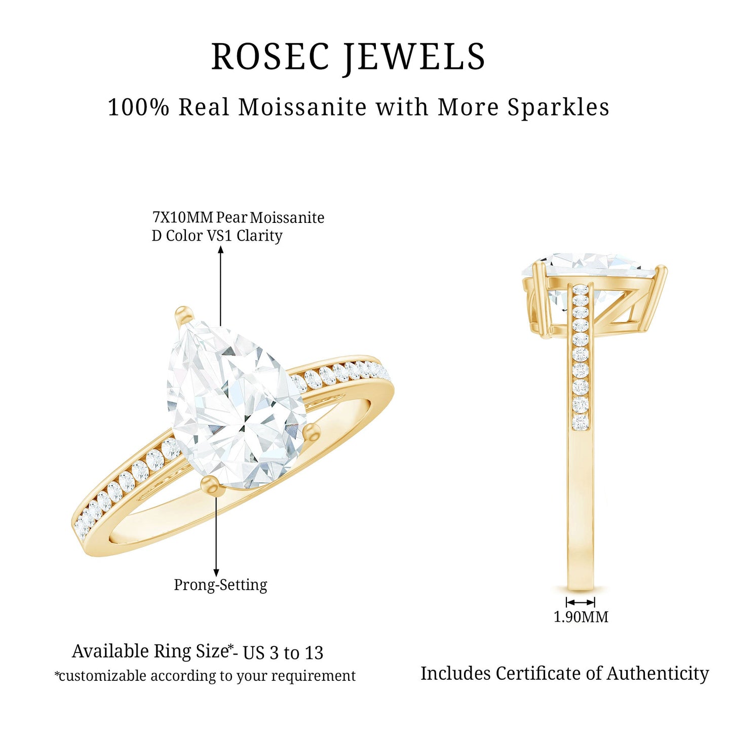 Solitaire Moissanite Pear Engagement Ring with Certificate