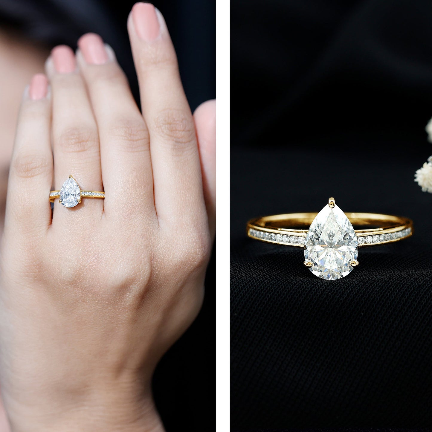 Solitaire Moissanite Pear Engagement Ring with Certificate