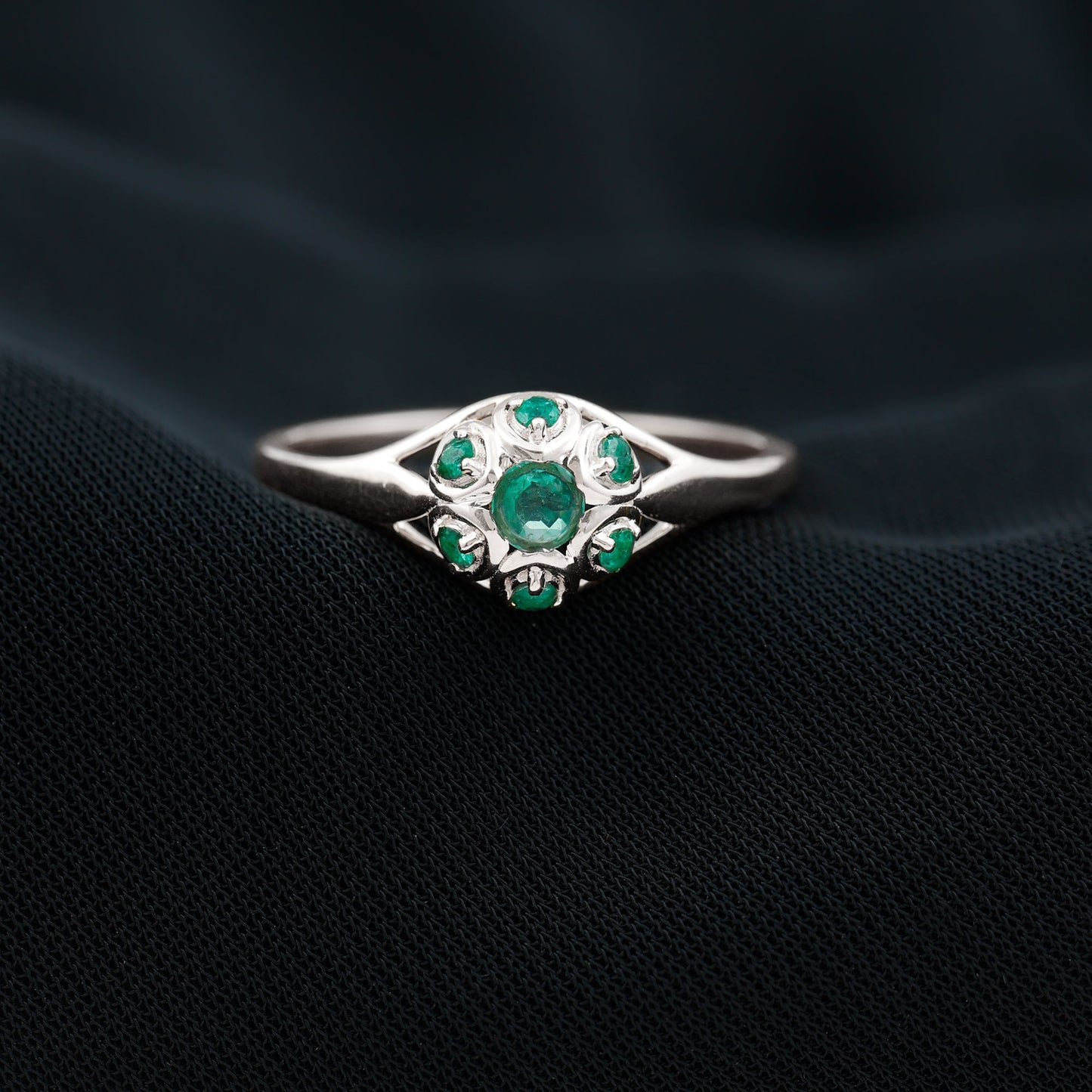 Vintage Inspired Emerald Flower Engagement Ring