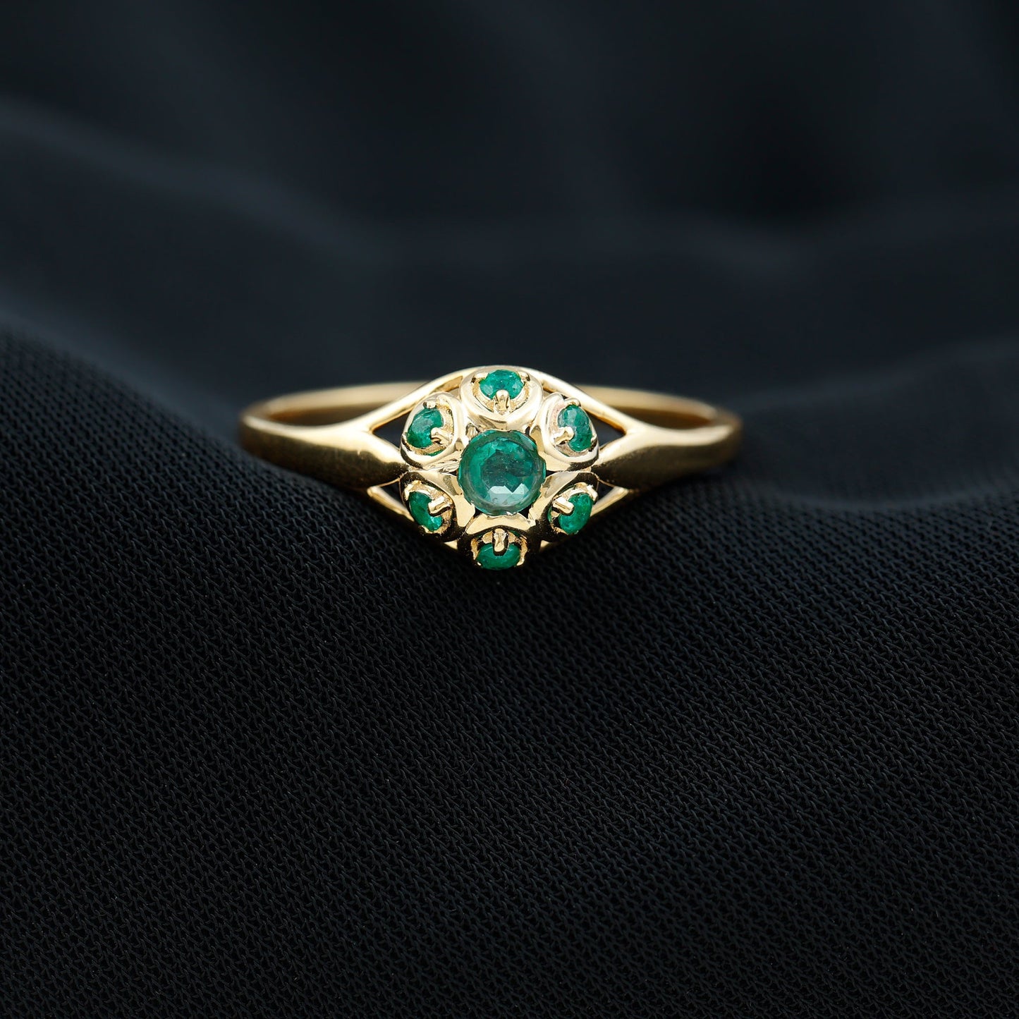 Vintage Inspired Emerald Flower Engagement Ring