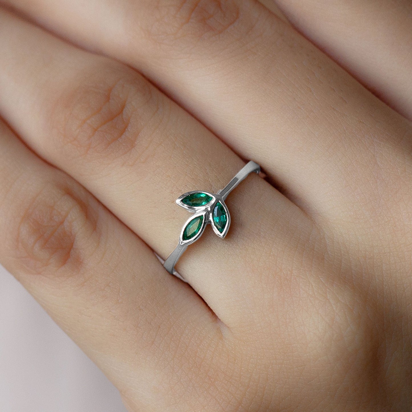 Marquise Cut Emerald Leaf Promise Ring in Bezel Setting