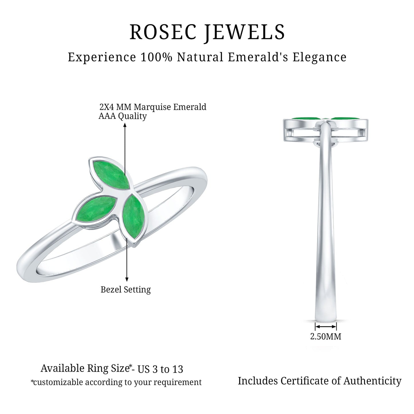 Marquise Cut Emerald Leaf Promise Ring in Bezel Setting