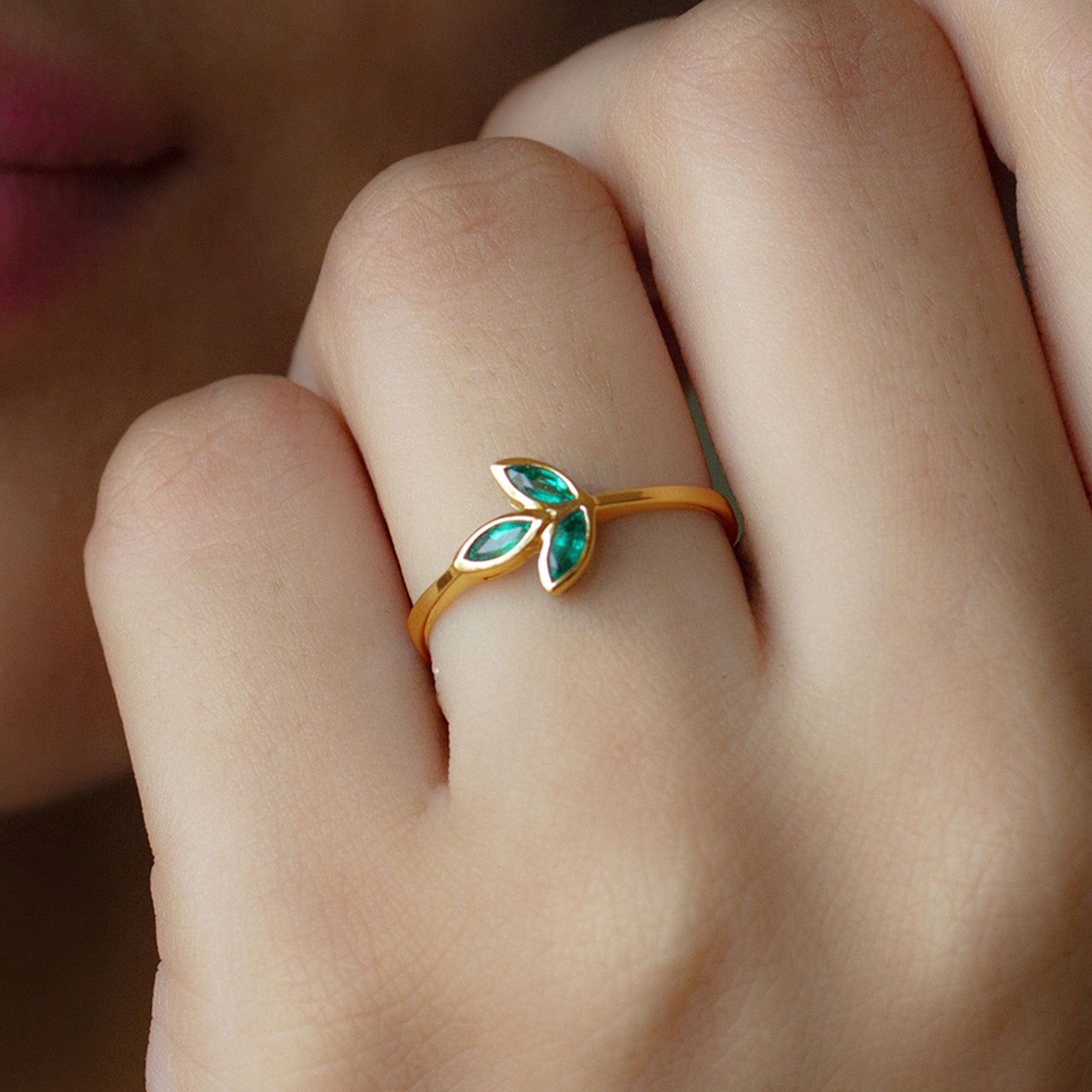 Marquise Cut Emerald Leaf Promise Ring in Bezel Setting