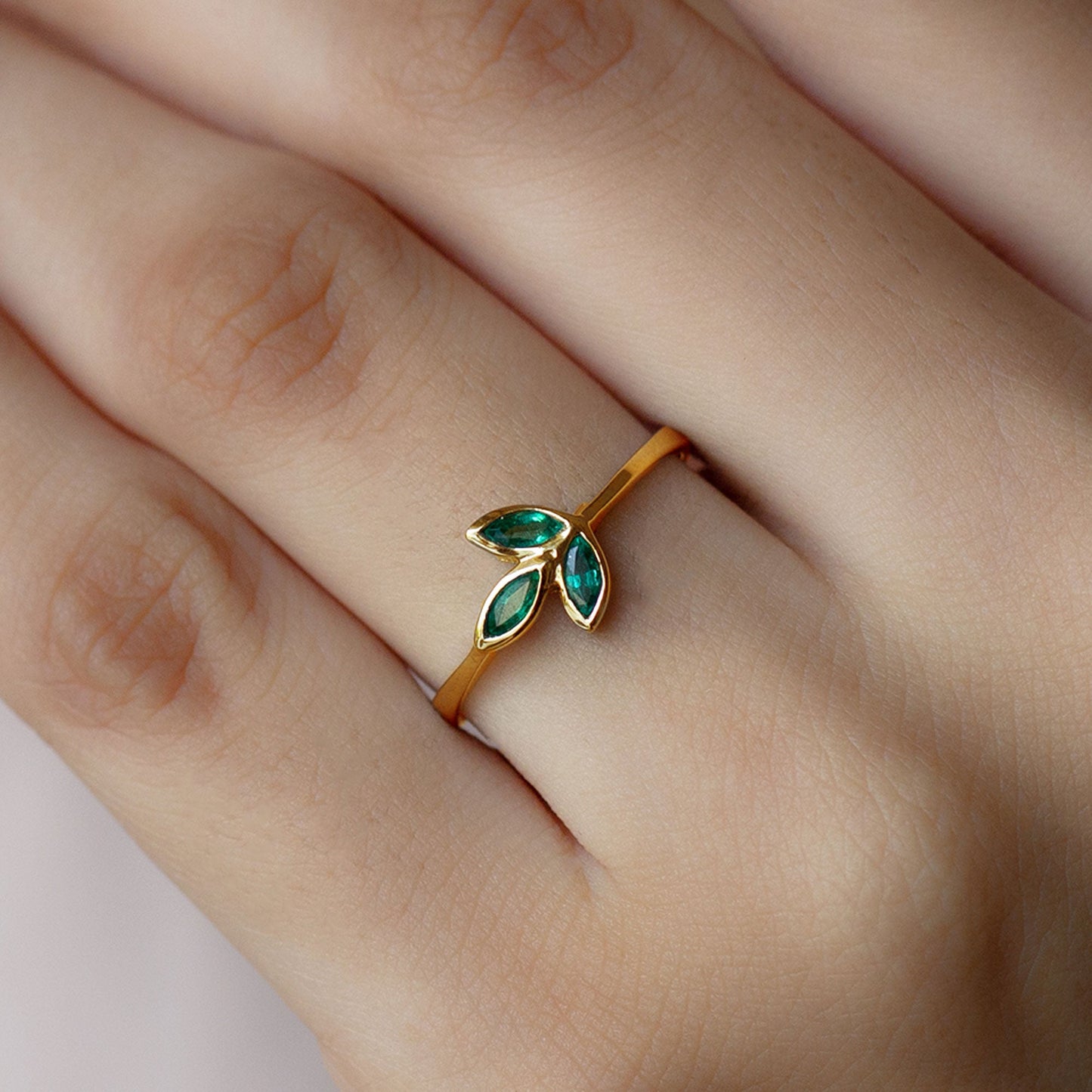 Marquise Cut Emerald Leaf Promise Ring in Bezel Setting