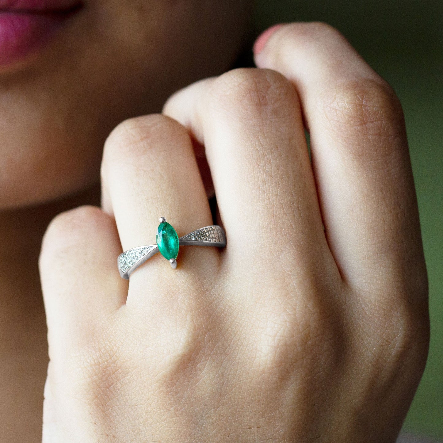 Genuine Emerald Diamond Marquise Engagement Ring with Pinched Shank