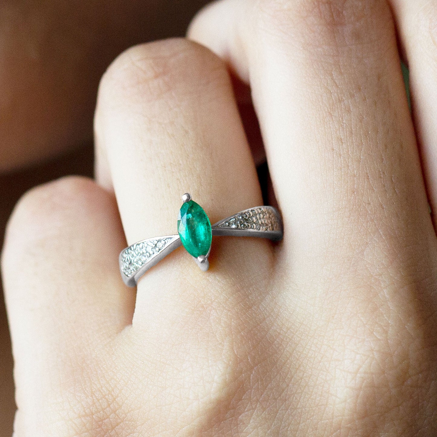 Genuine Emerald Diamond Marquise Engagement Ring with Pinched Shank
