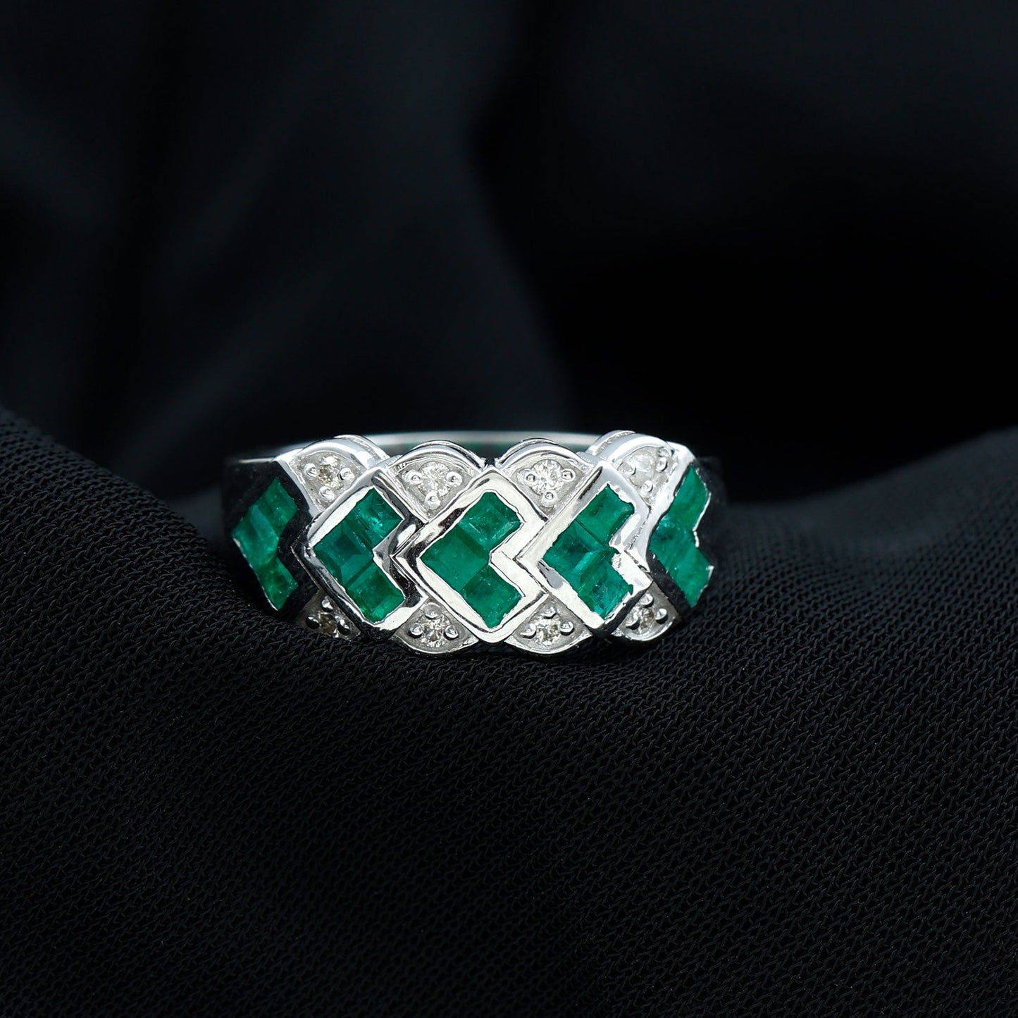 Princess Cut Emerald Statement Wedding Band with Diamonds