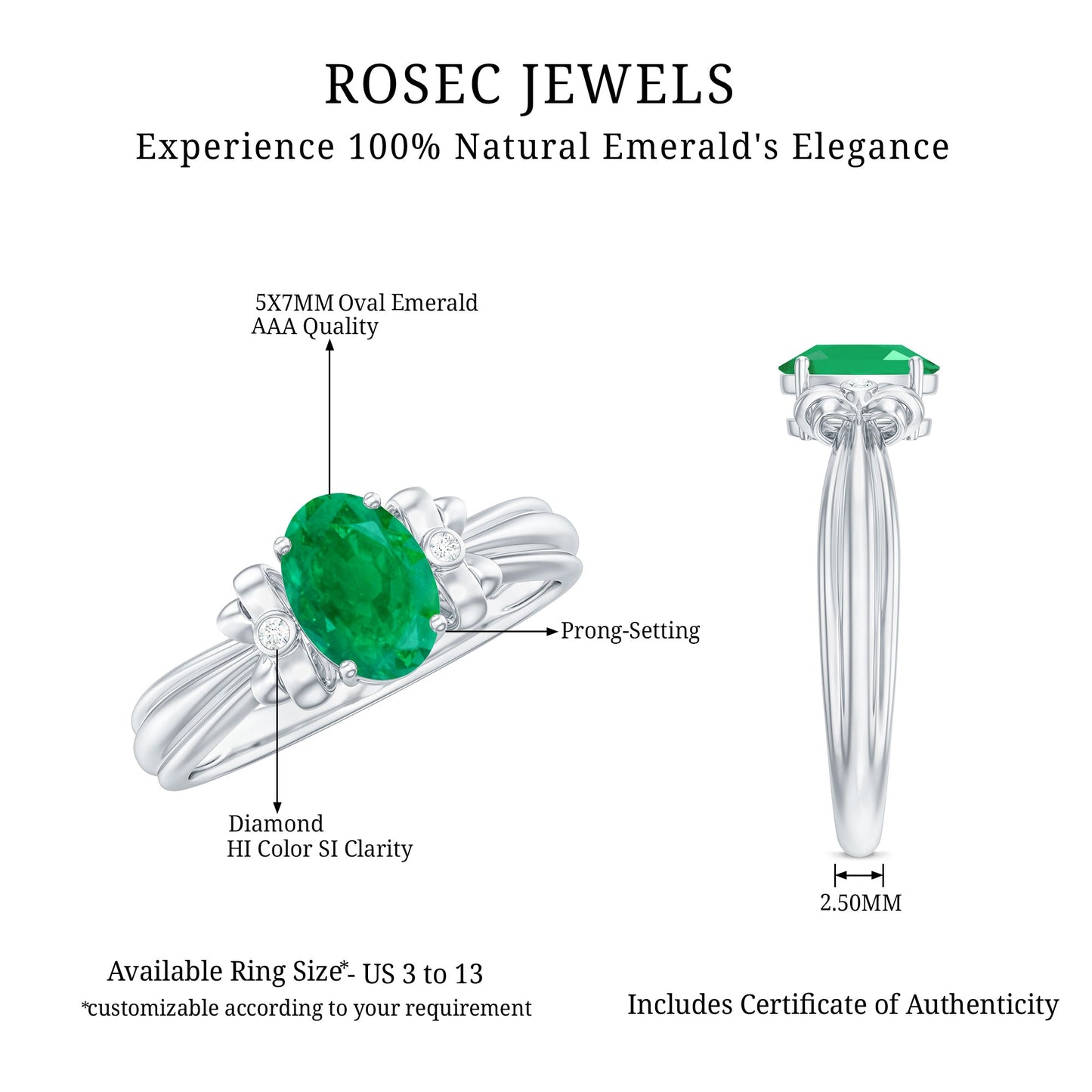 Oval Cut Emerald Solitaire Engagement Ring with Bow Design