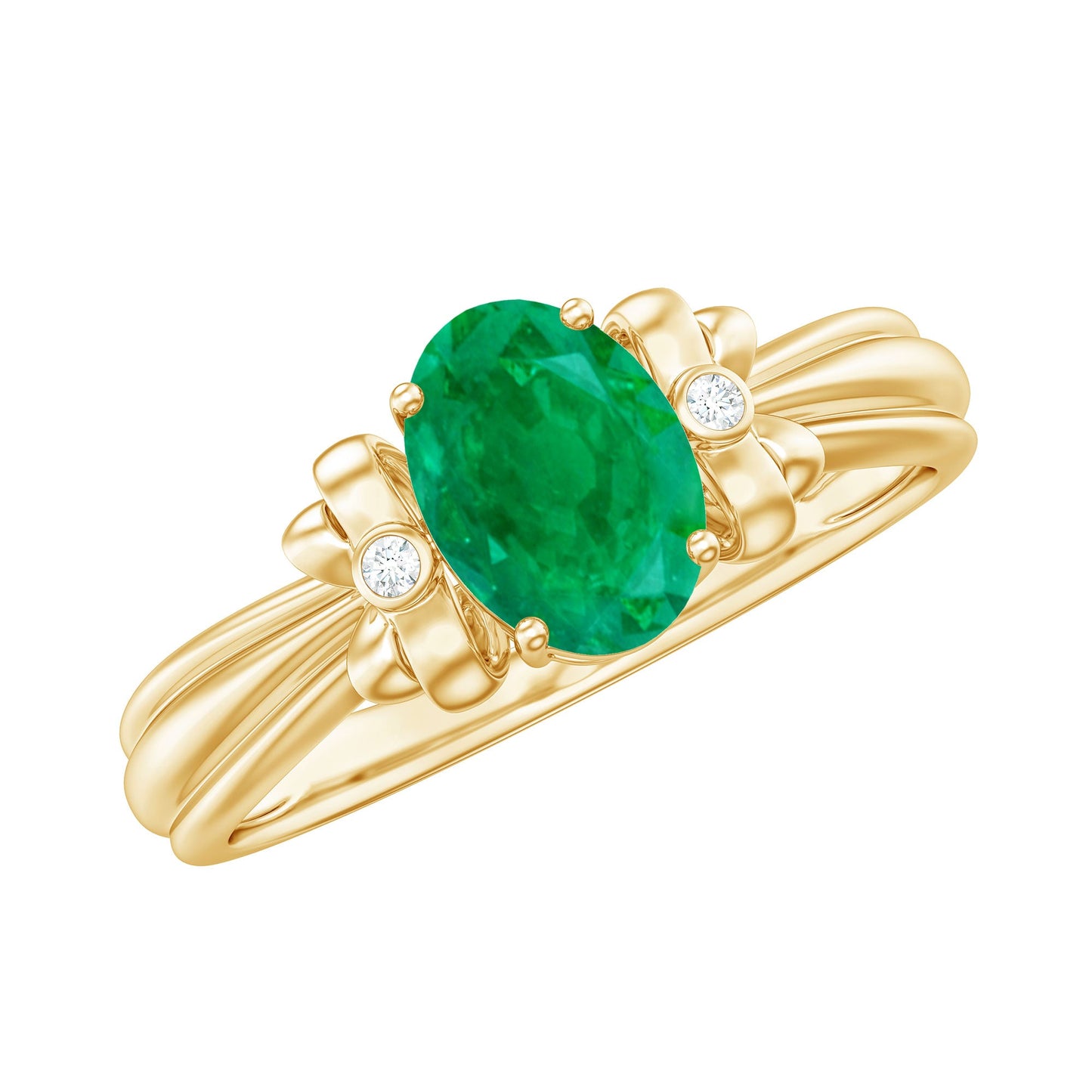 Oval Cut Emerald Solitaire Engagement Ring with Bow Design