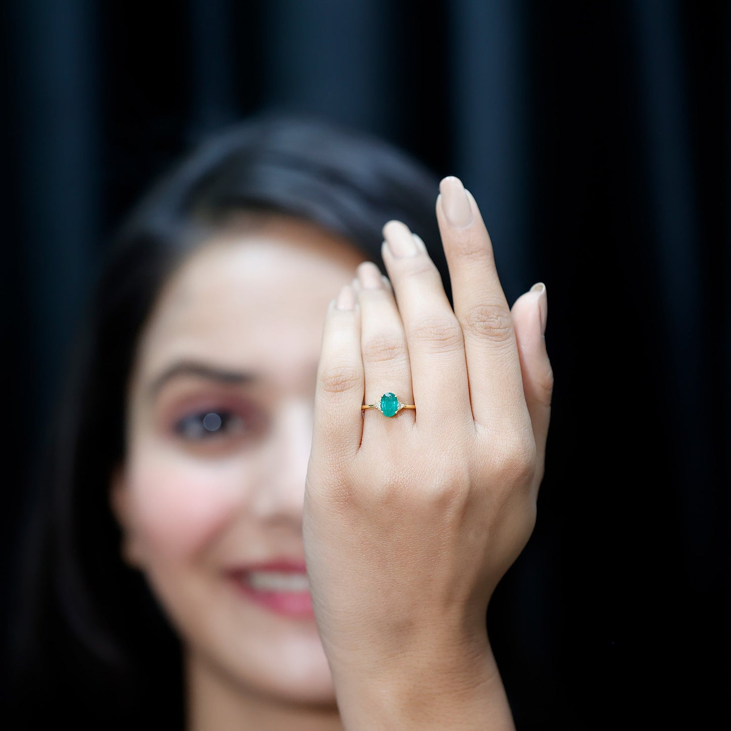 Solitaire Oval Emerald Engagement Ring with Diamonds