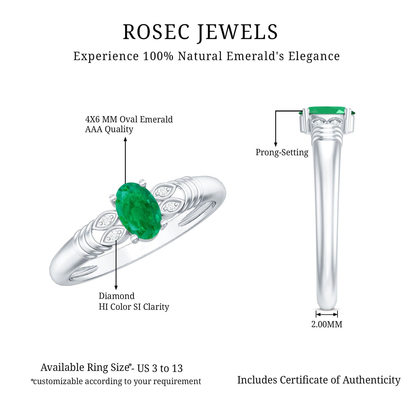 Real Oval Emerald Solitaire Engagement Ring with Diamond