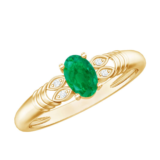 Real Oval Emerald Solitaire Engagement Ring with Diamond