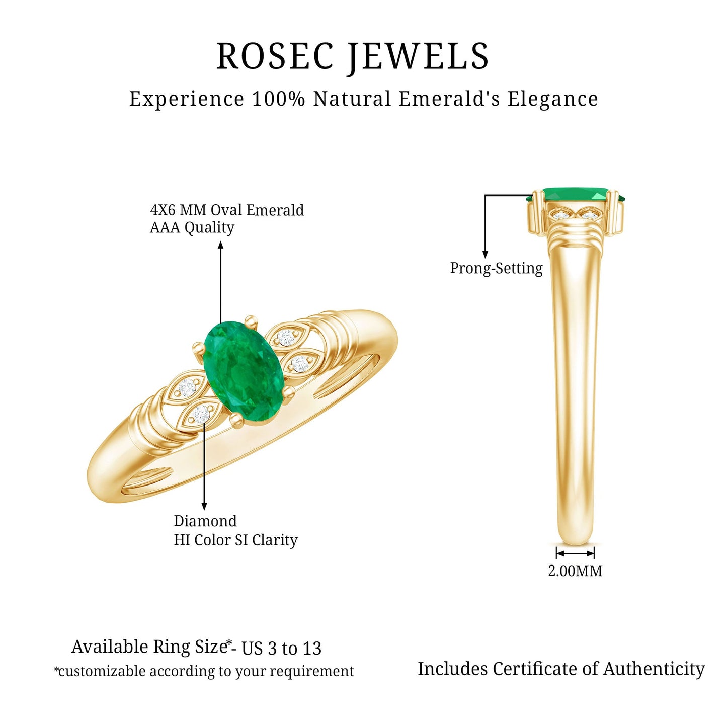 Real Oval Emerald Solitaire Engagement Ring with Diamond