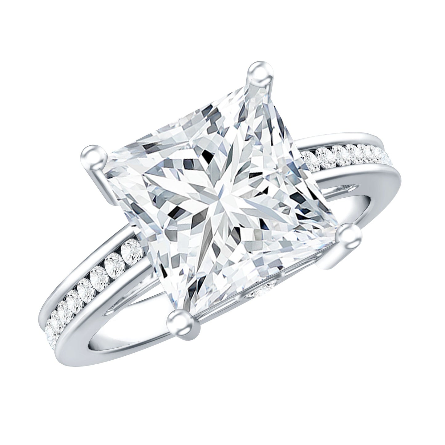 Solitaire Moissanite Princess Cut Engagement Ring with Side Stones