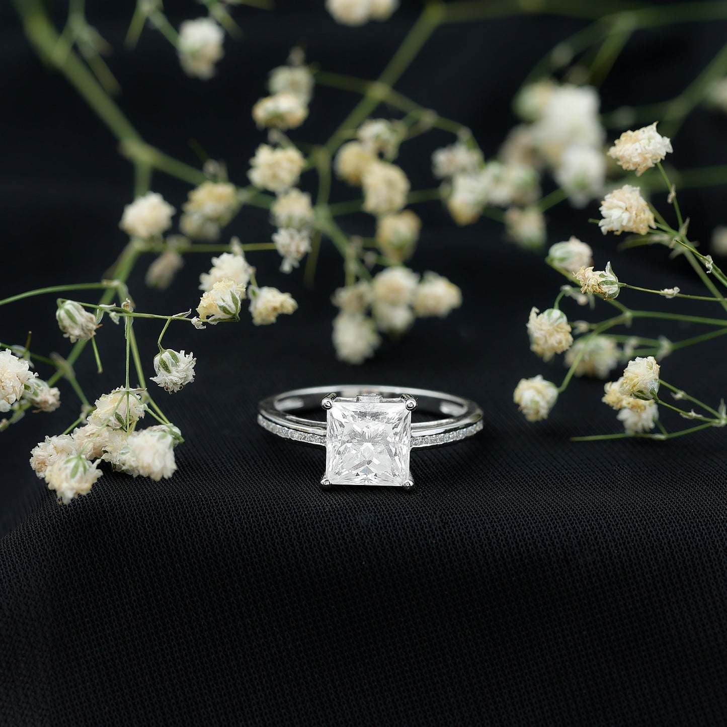 Solitaire Moissanite Princess Cut Engagement Ring with Side Stones