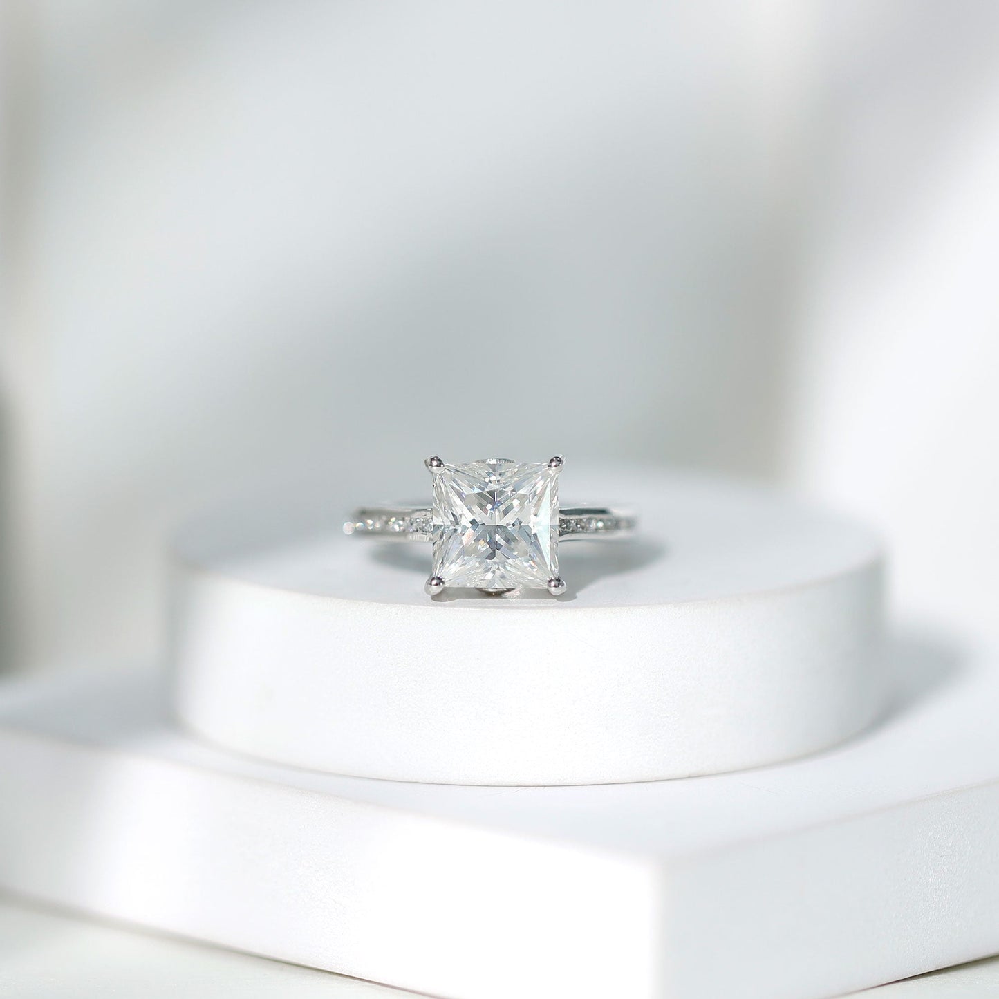 Solitaire Moissanite Princess Cut Engagement Ring with Side Stones