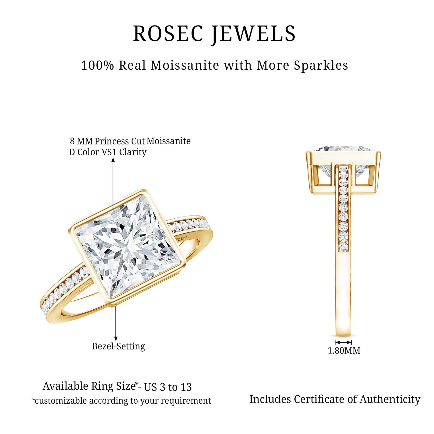 3 CT Moissanite Bezel Set Engagement Ring with Channel Set