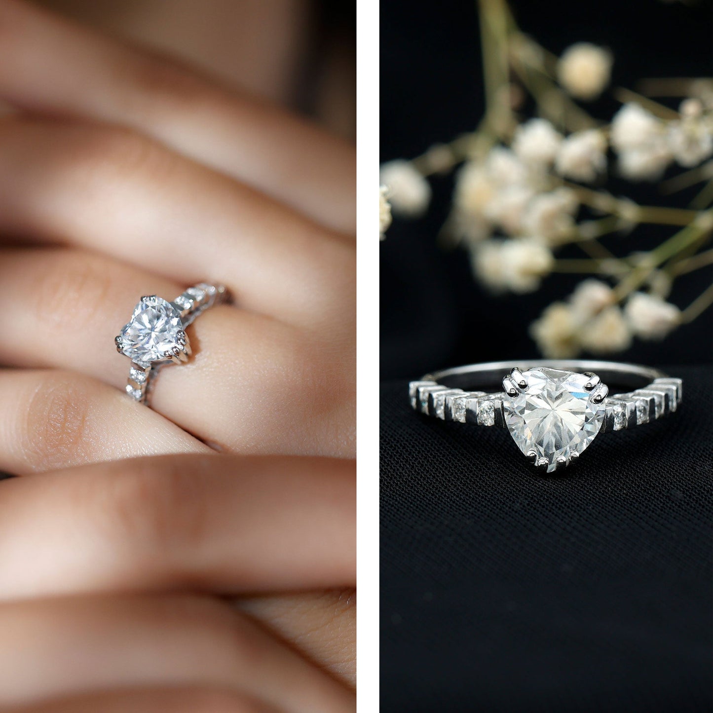 Certified 2 Carat Moissanite Heart Engagement Ring with Side Stones