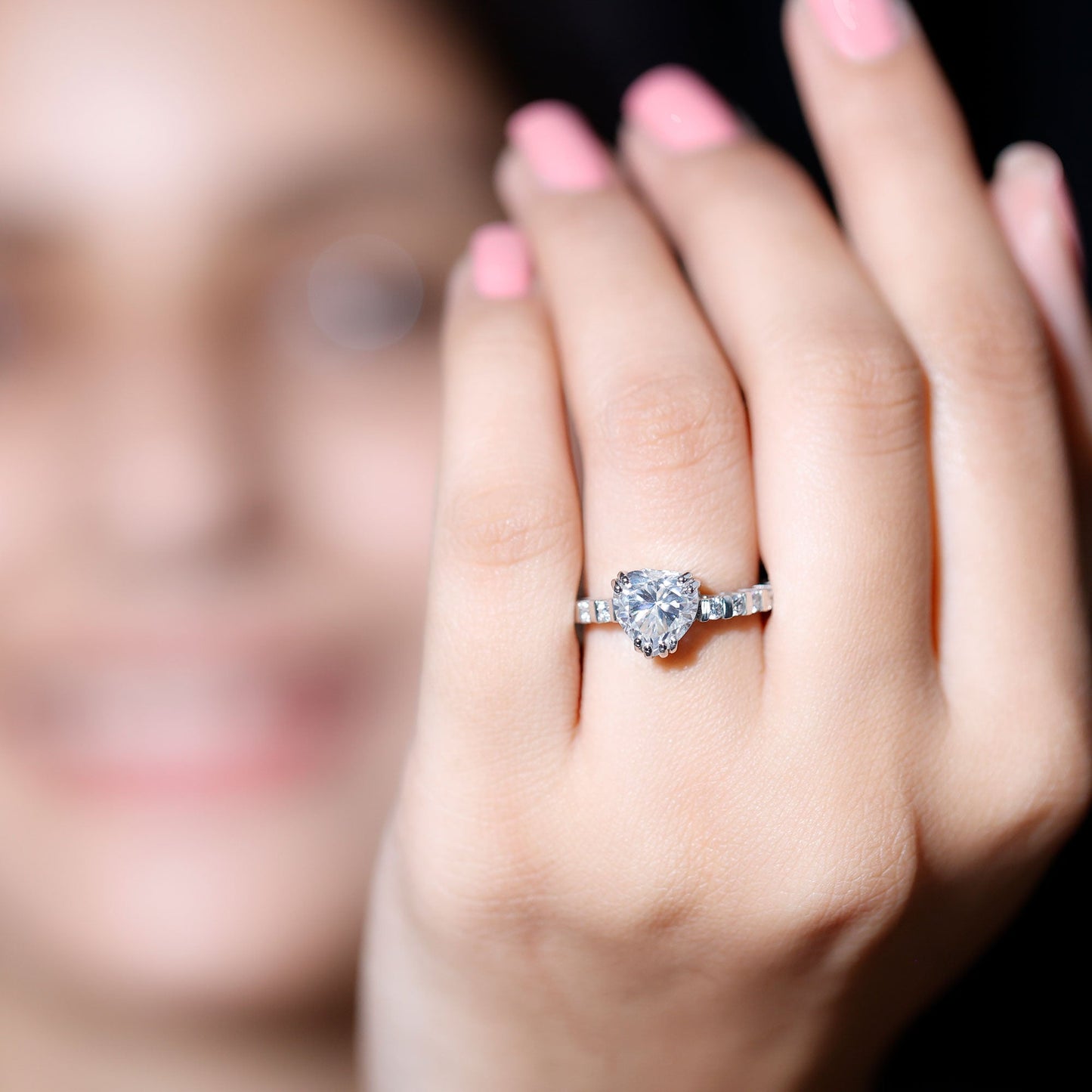 Certified 2 Carat Moissanite Heart Engagement Ring with Side Stones