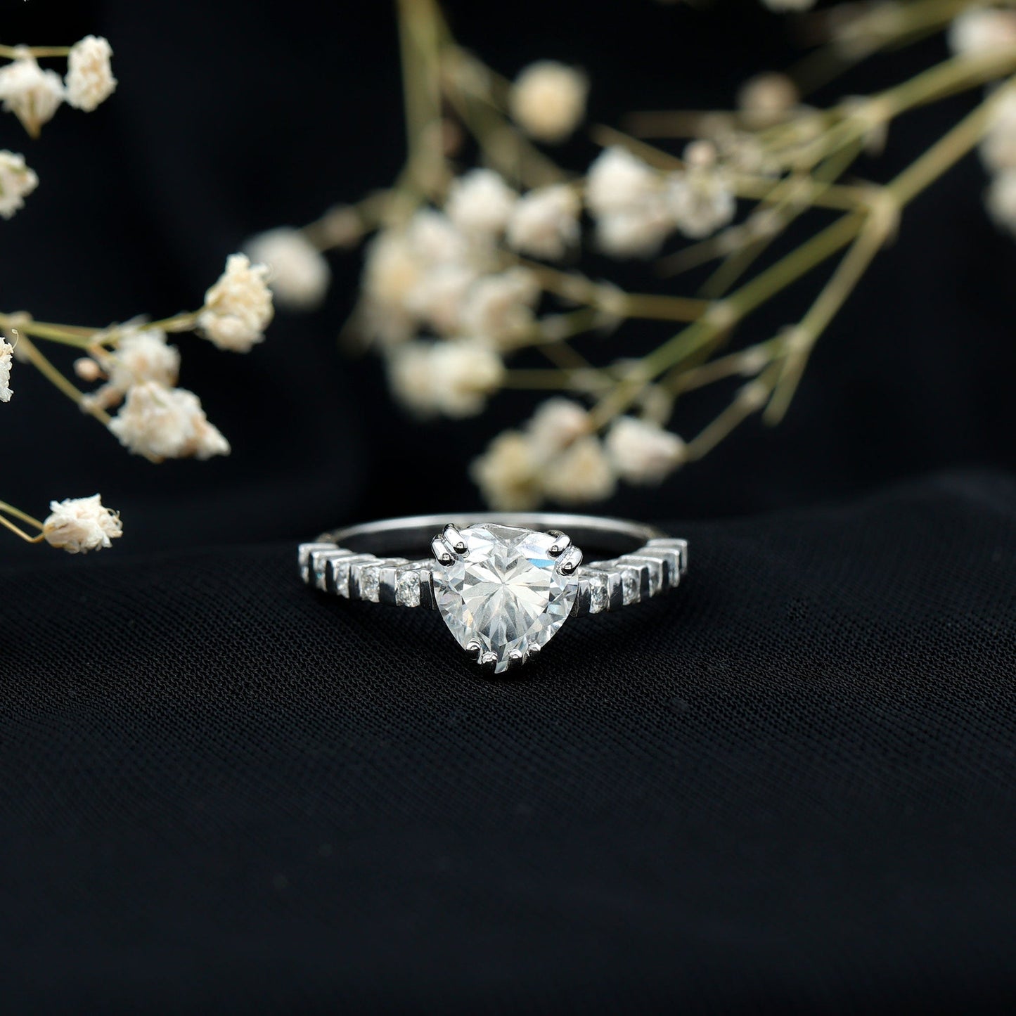 Certified 2 Carat Moissanite Heart Engagement Ring with Side Stones