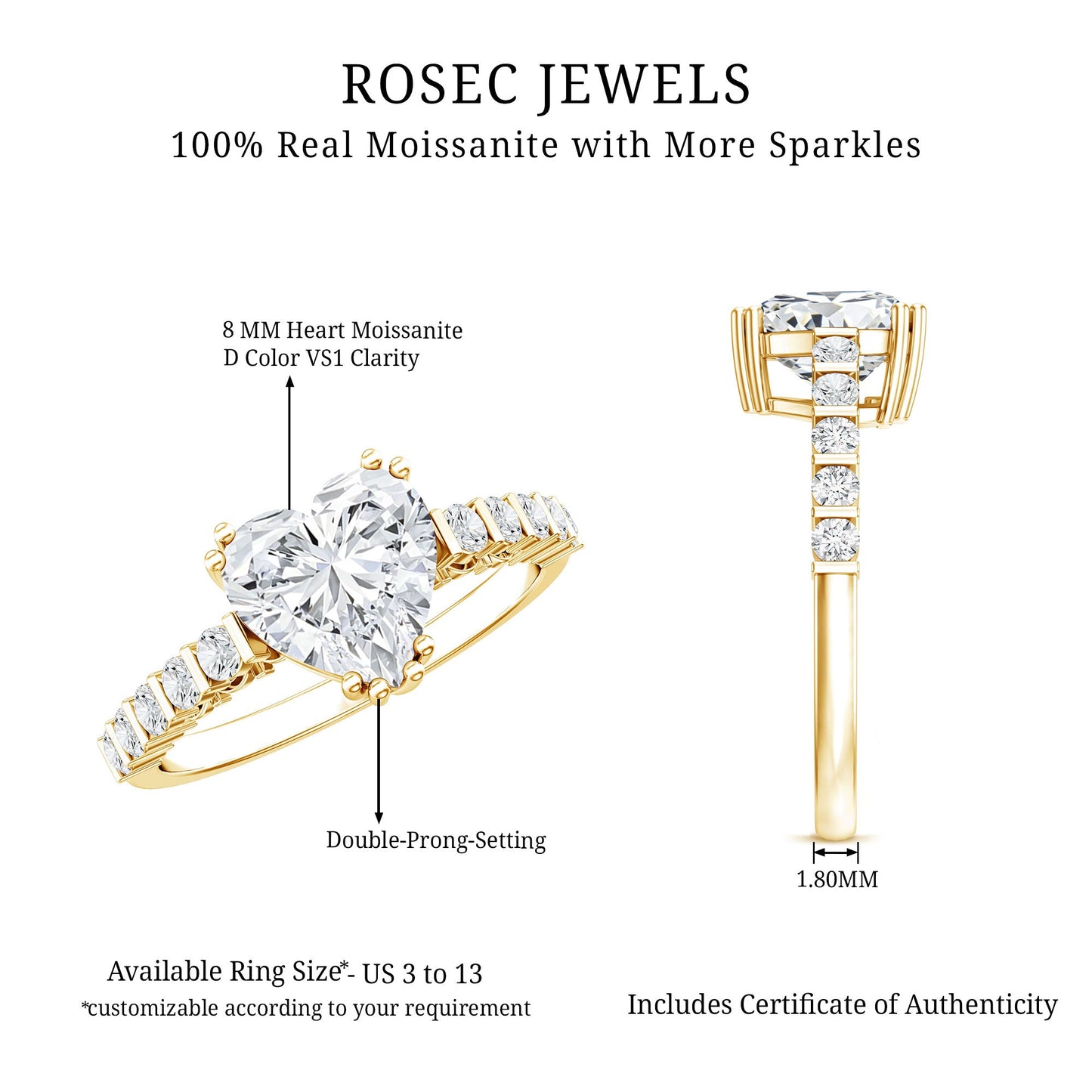 Certified 2 Carat Moissanite Heart Engagement Ring with Side Stones