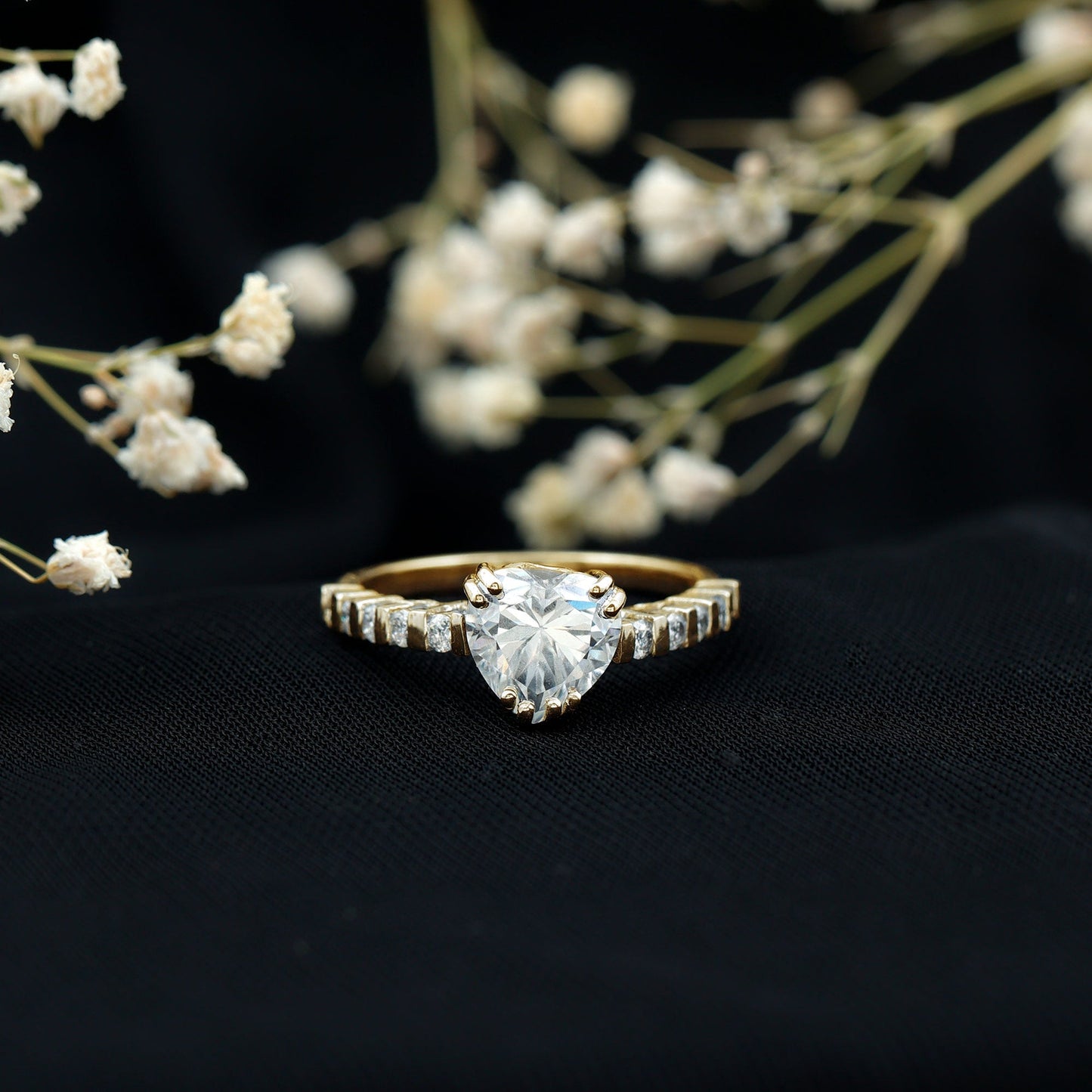 Certified 2 Carat Moissanite Heart Engagement Ring with Side Stones