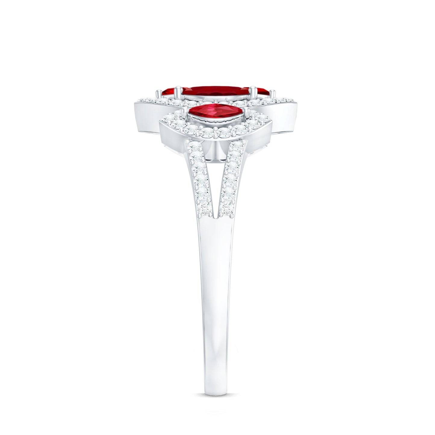 Certified Lab Created Ruby and Diamond Cluster Engagement Ring in Split Shank