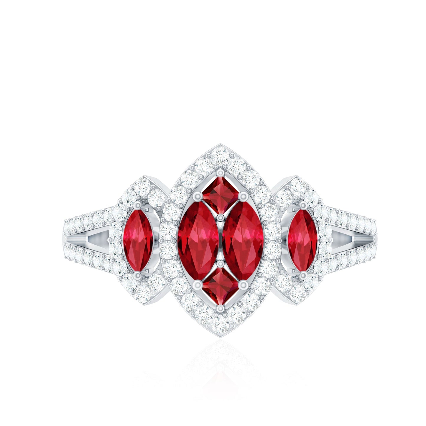 Certified Lab Created Ruby and Diamond Cluster Engagement Ring in Split Shank