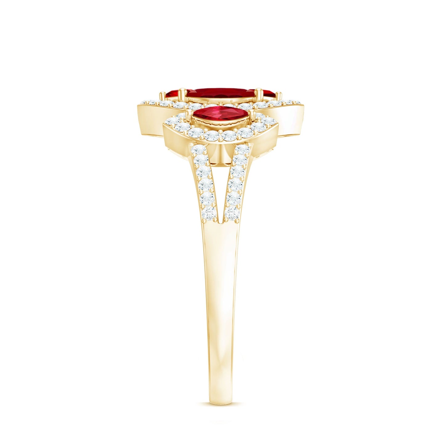 Certified Lab Created Ruby and Diamond Cluster Engagement Ring in Split Shank