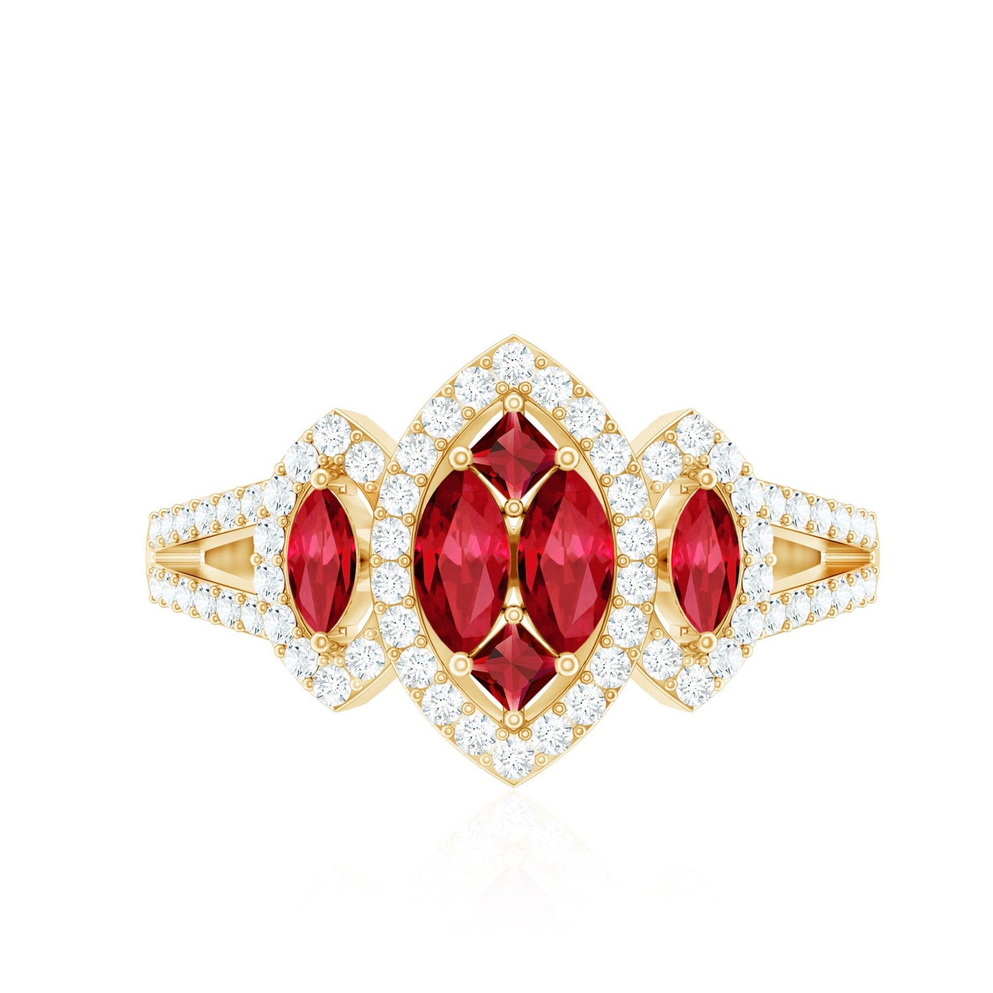Certified Lab Created Ruby and Diamond Cluster Engagement Ring in Split Shank