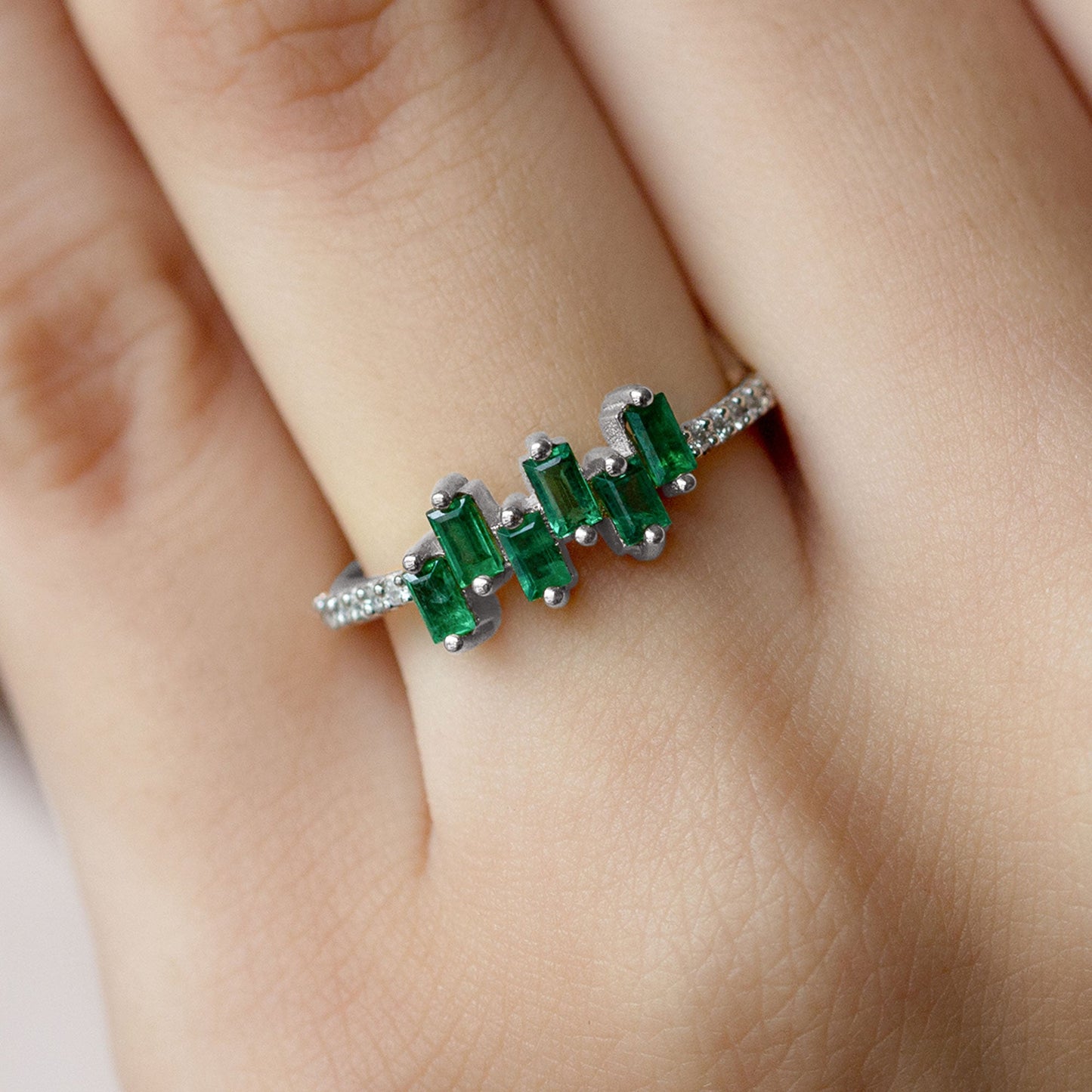 Baguette Cut Emerald Promise Ring with Diamond Side Stones