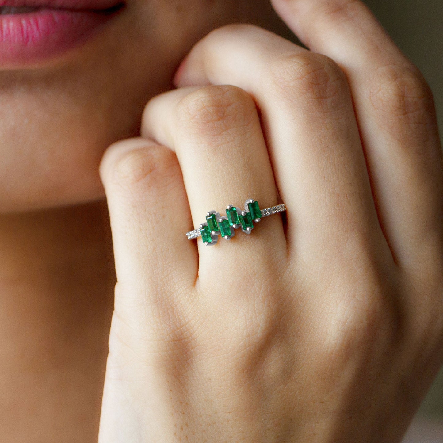 Baguette Cut Emerald Promise Ring with Diamond Side Stones