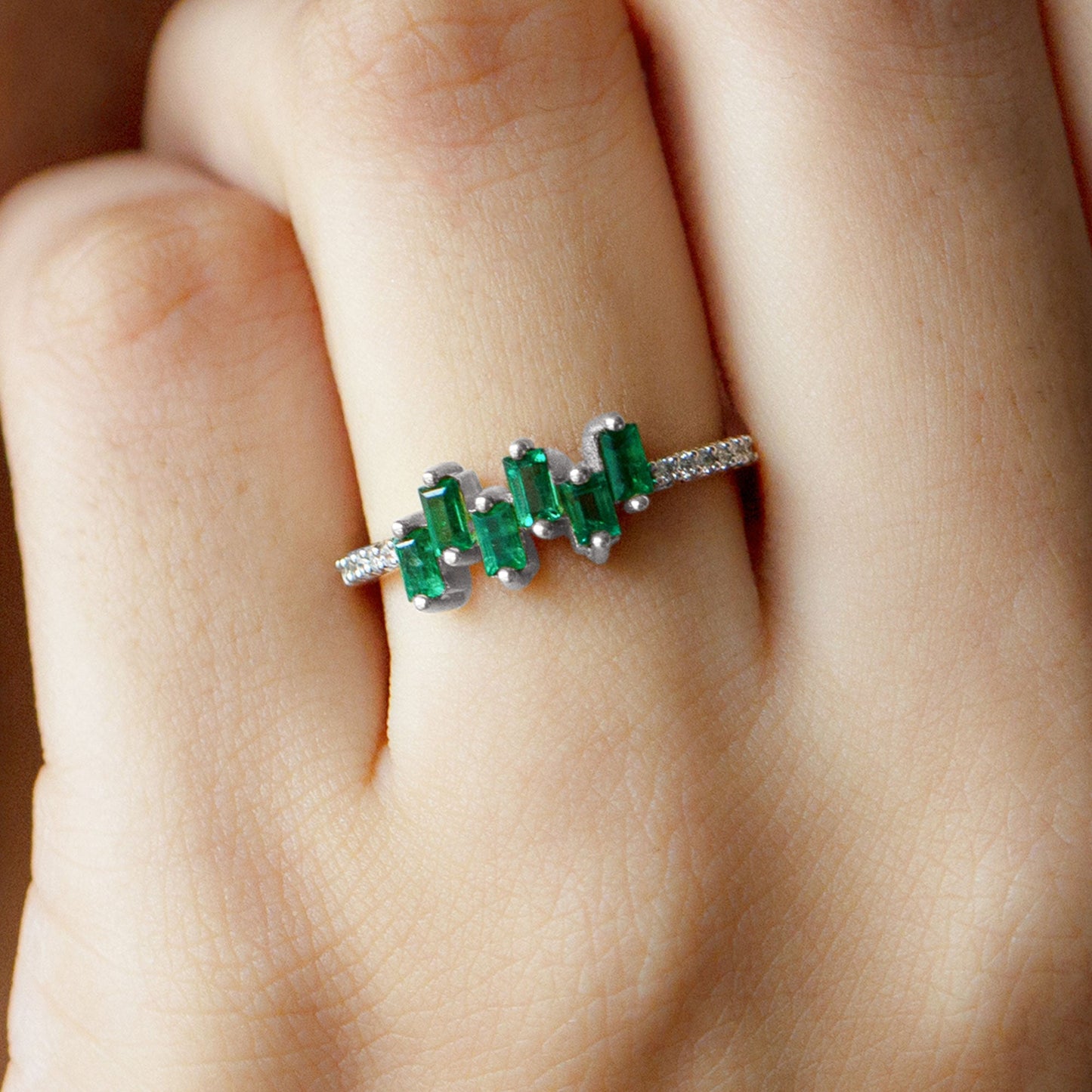 Baguette Cut Emerald Promise Ring with Diamond Side Stones