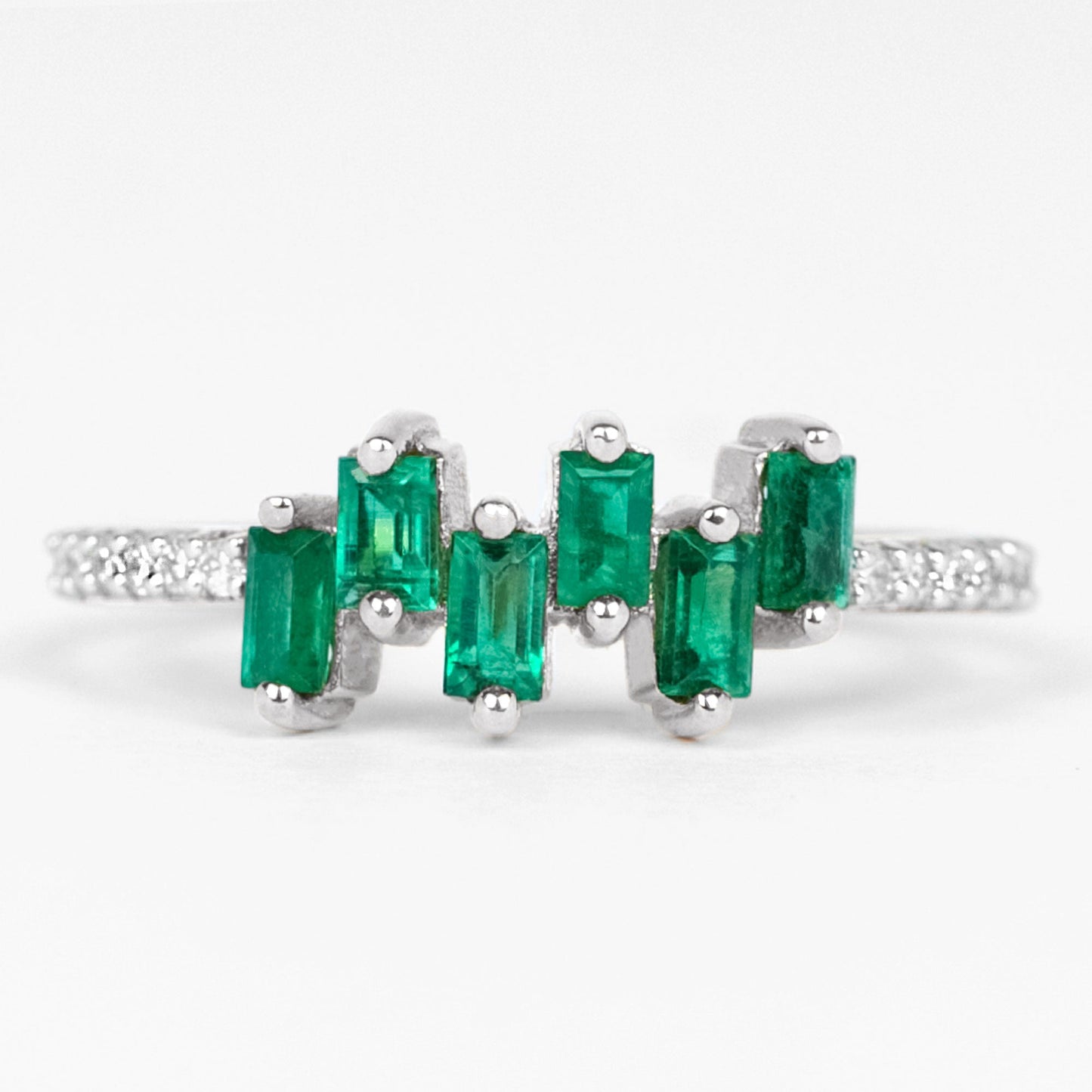 Baguette Cut Emerald Promise Ring with Diamond Side Stones