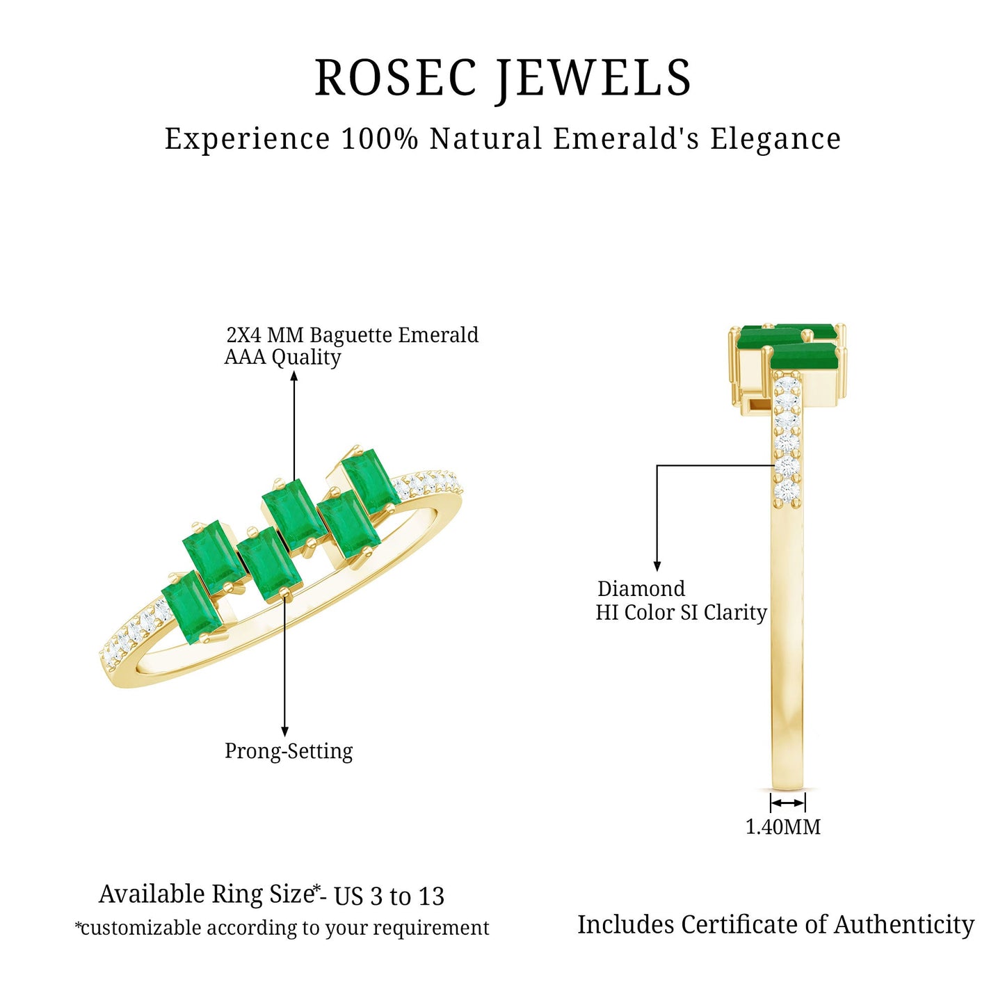 Baguette Cut Emerald Promise Ring with Diamond Side Stones