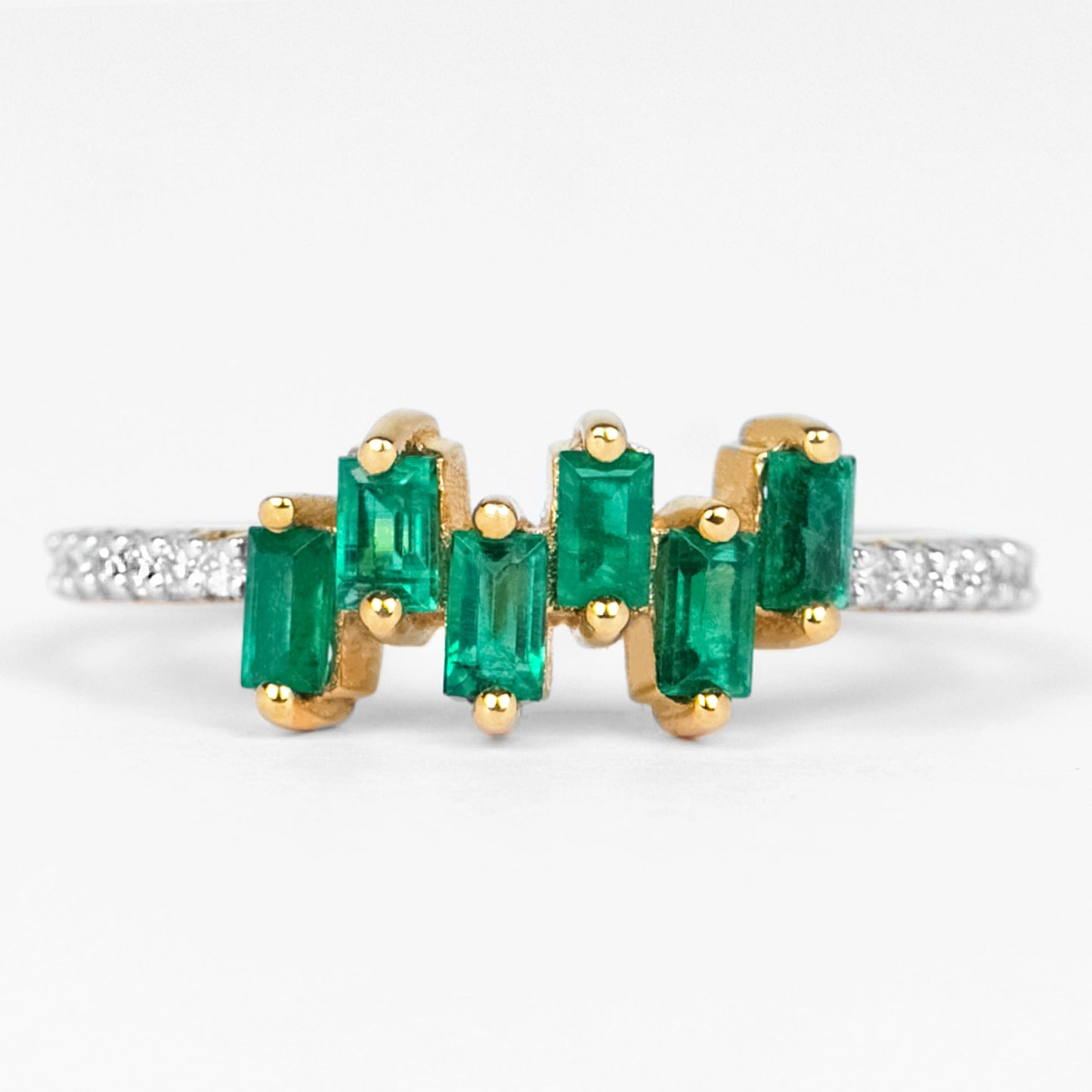 Baguette Cut Emerald Promise Ring with Diamond Side Stones