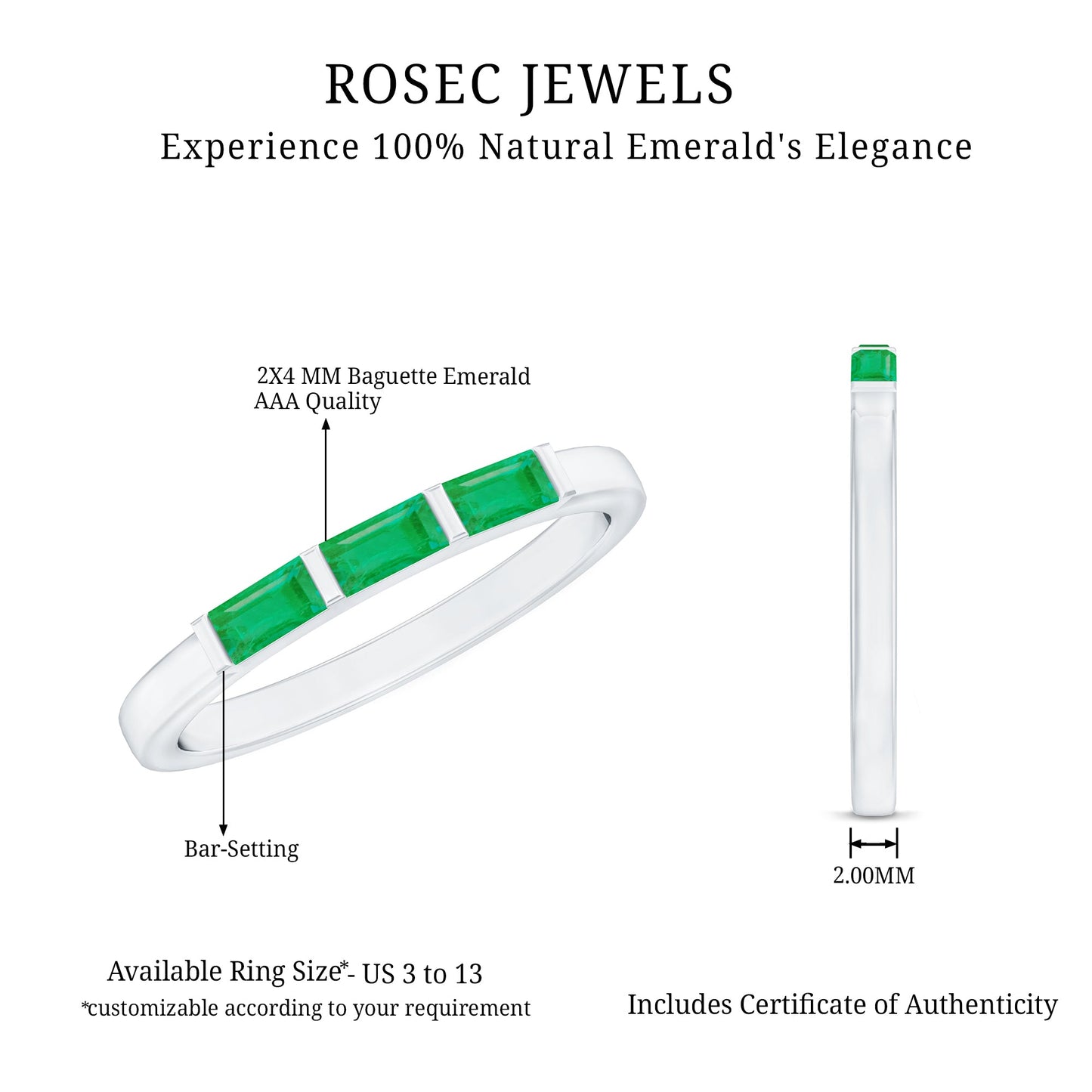 Baguette Cut Real Emerald 3 Stone Ring with Certificate