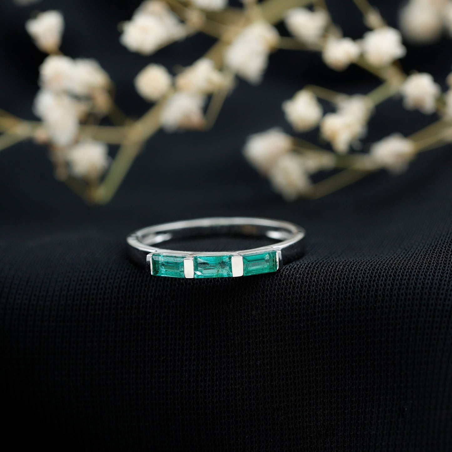 Baguette Cut Real Emerald 3 Stone Ring with Certificate