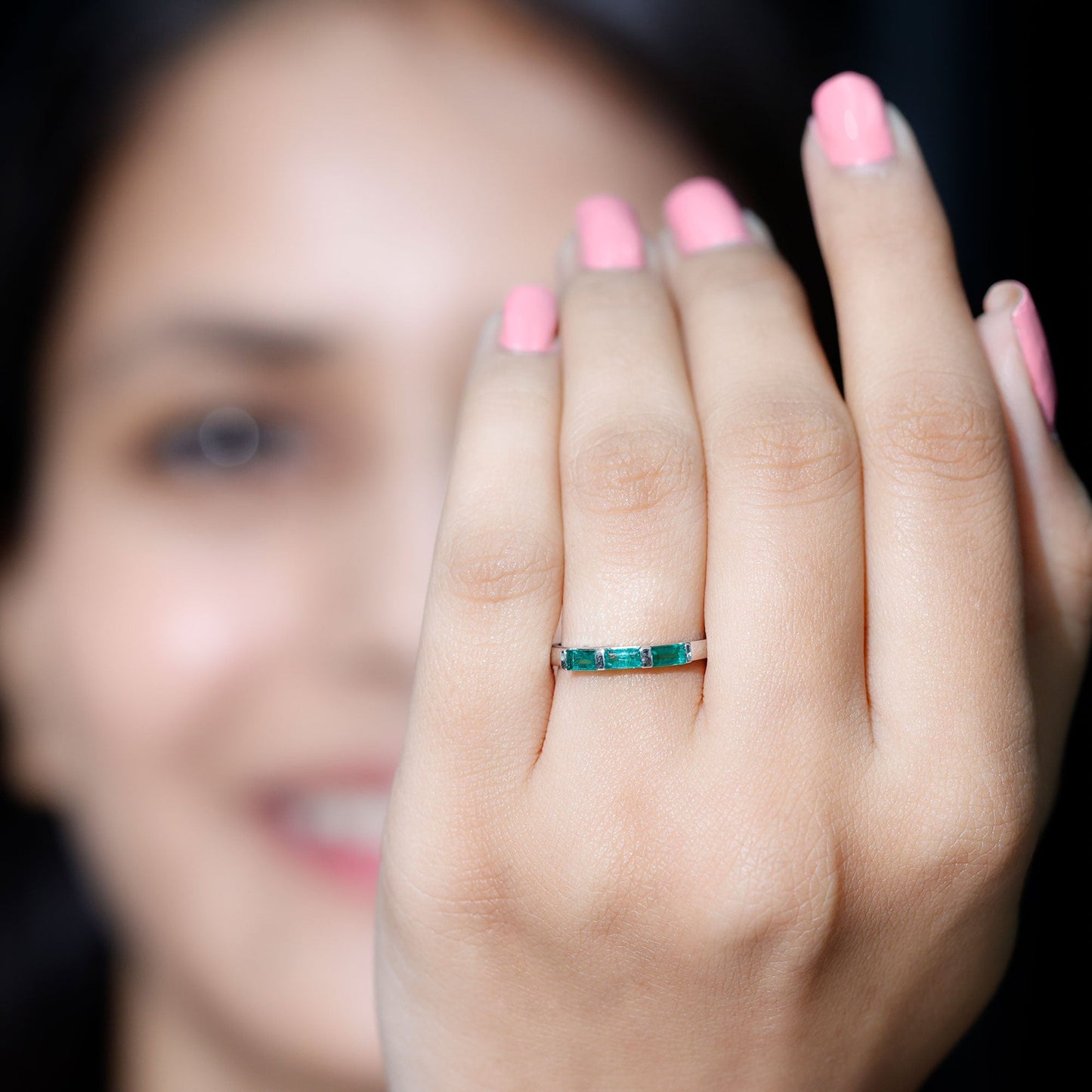 Baguette Cut Real Emerald 3 Stone Ring with Certificate