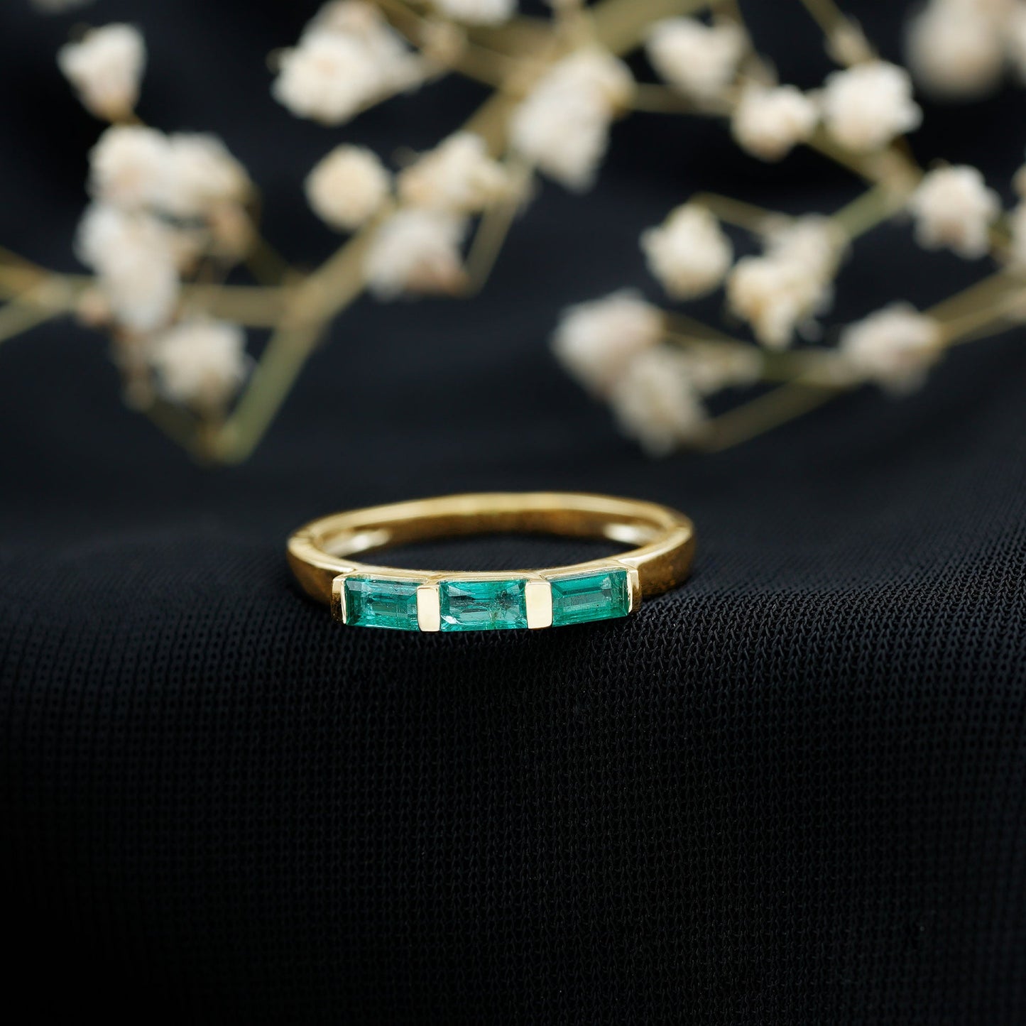 Baguette Cut Real Emerald 3 Stone Ring with Certificate
