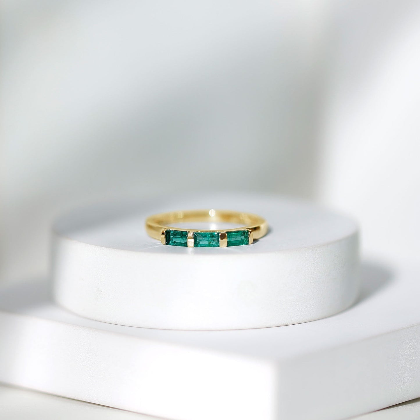 Baguette Cut Real Emerald 3 Stone Ring with Certificate